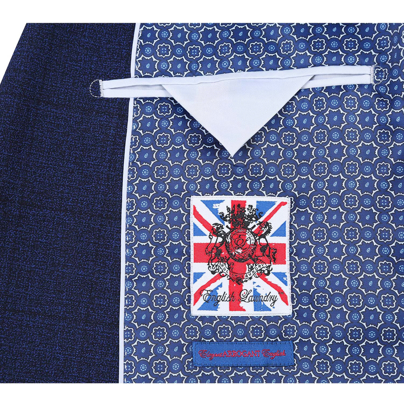 English Laundry's Blue Check Suit (92-05-410EL) showcases a dark blue blazer crafted with a textured fabric, complemented by a geometric patterned inner lining and designed in a slim fit featuring elegant peak lapels.