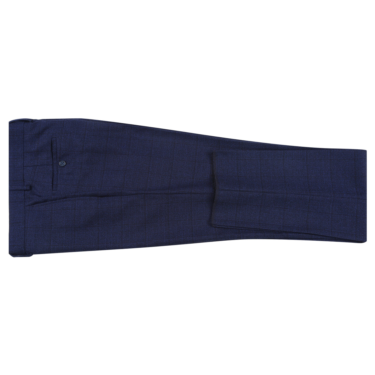 English Laundry's Blue Check Suit (92-05-410EL) showcases a dark blue blazer crafted with a textured fabric, complemented by a geometric patterned inner lining and designed in a slim fit featuring elegant peak lapels.