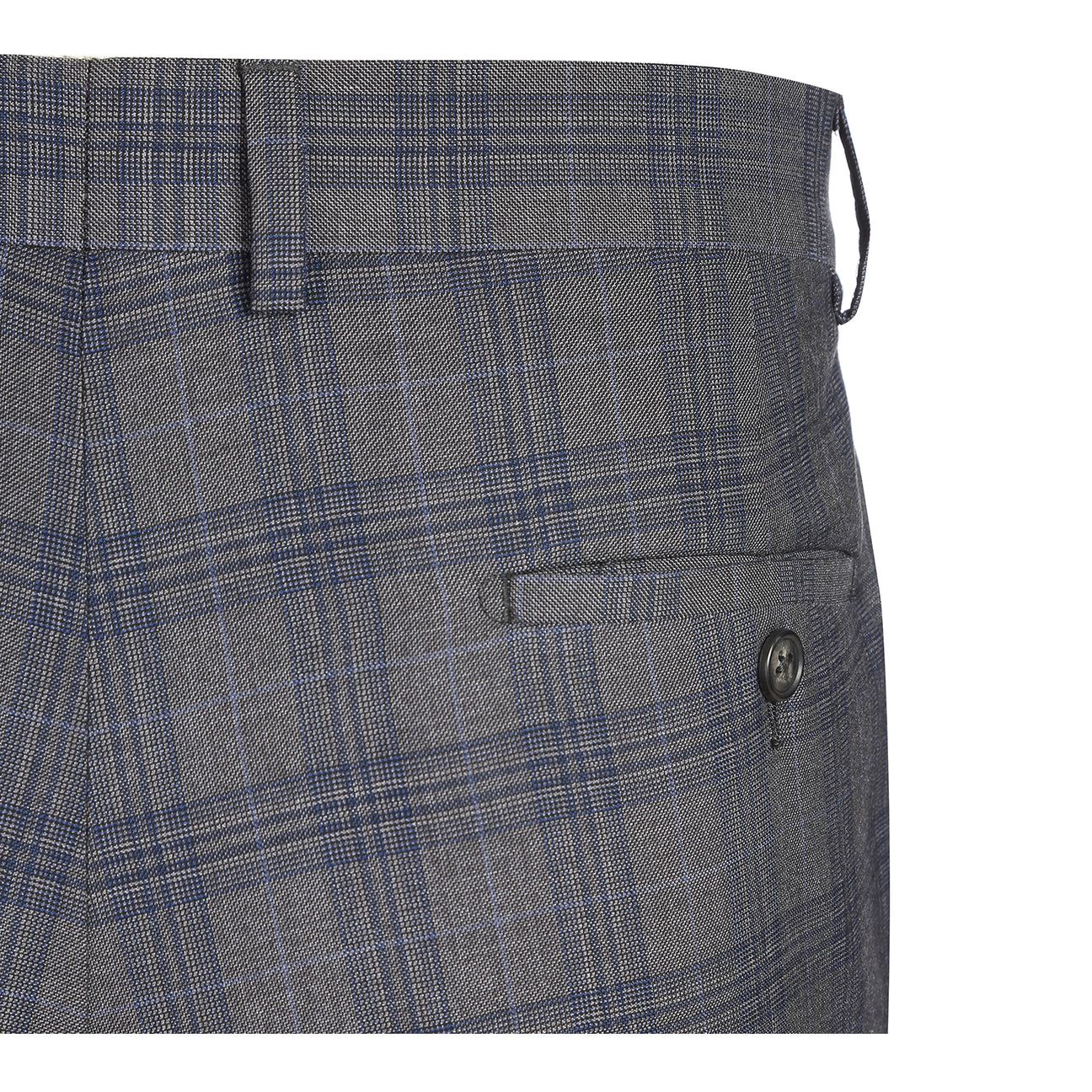 The ENGLISH LAUNDRY Gray Check Suit 22-57-500EL by English Laundry, a slim fit plaid jacket with a single black button, is shown over a white shirt and black tie on a headless mannequin against a white background.