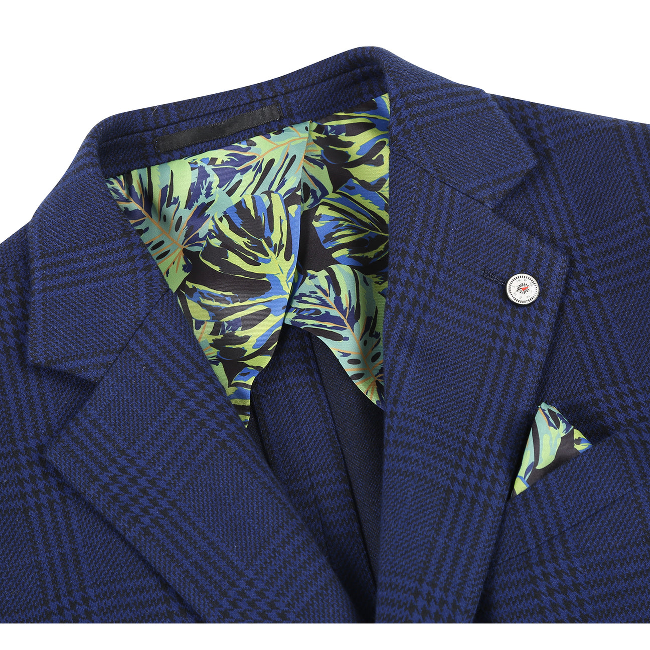 Mannequin styled in Pellagio Royal Blue Men's Half Canvas Blazer PF24-10 with a white shirt, red polka dot tie, and green pocket square.