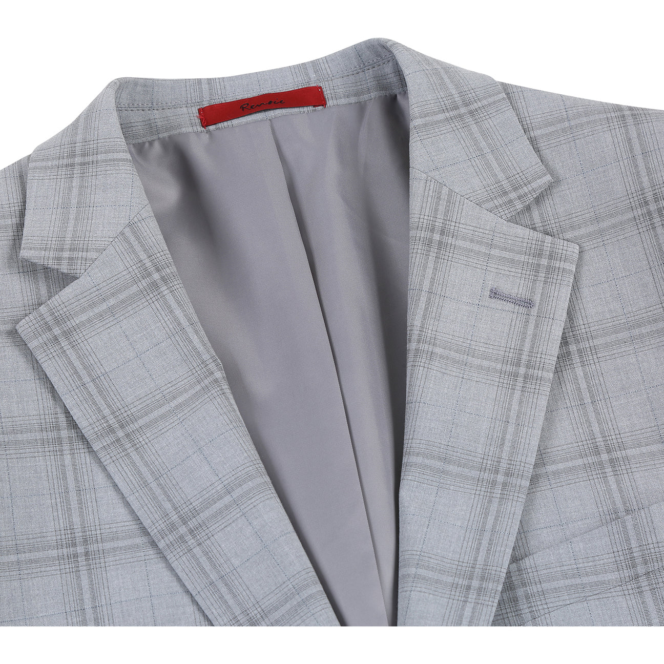 The Alessandro Vitello by Renoir Light Gray Classic Fit Suit (293-33), featuring a men's two-button jacket with notch lapels, is styled with a white dress shirt and patterned orange tie on a mannequin.