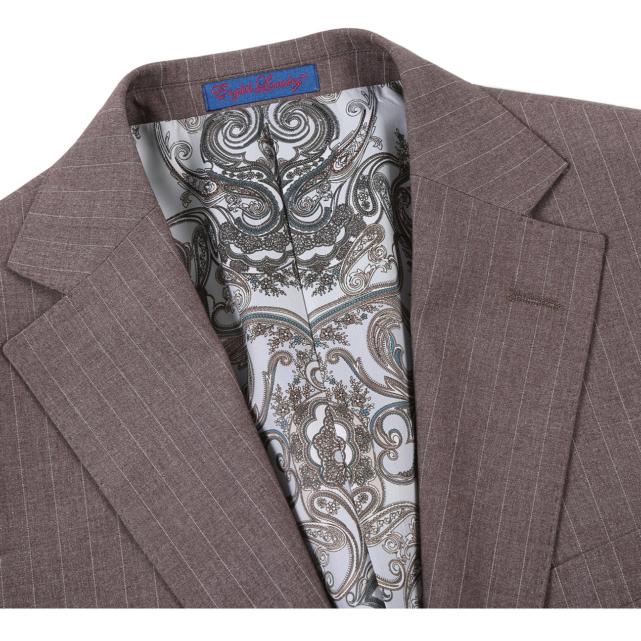 A mannequin displays the ENGLISH LAUNDRY Gray Check Suit 22-30-500EL by English Laundry, styled over a white dress shirt and an orange patterned tie.