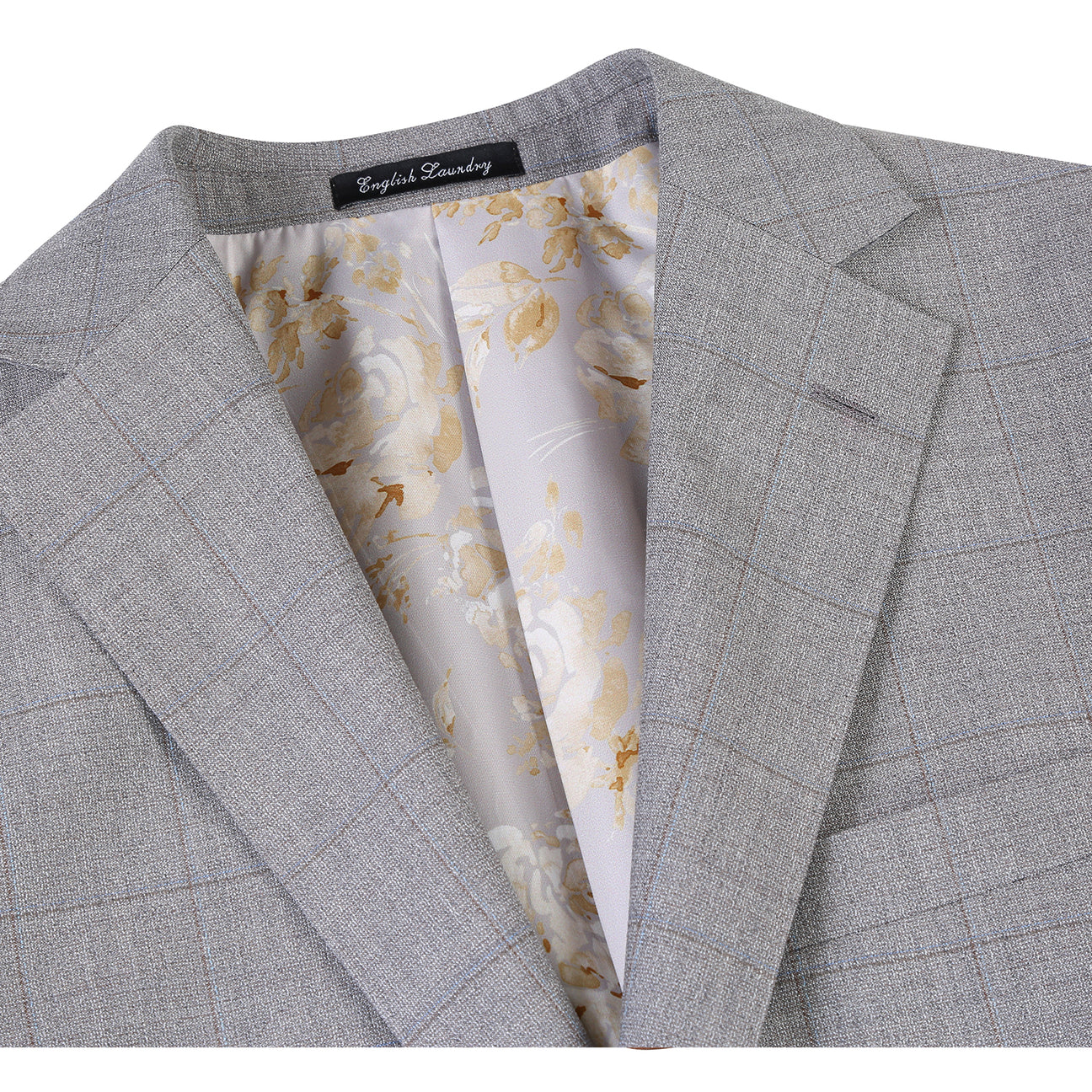 The ENGLISH LAUNDRY Stone Grey Wool Suit EL92-50-600 by English Laundry is showcased on a mannequin, styled with a white dress shirt and blue striped tie.