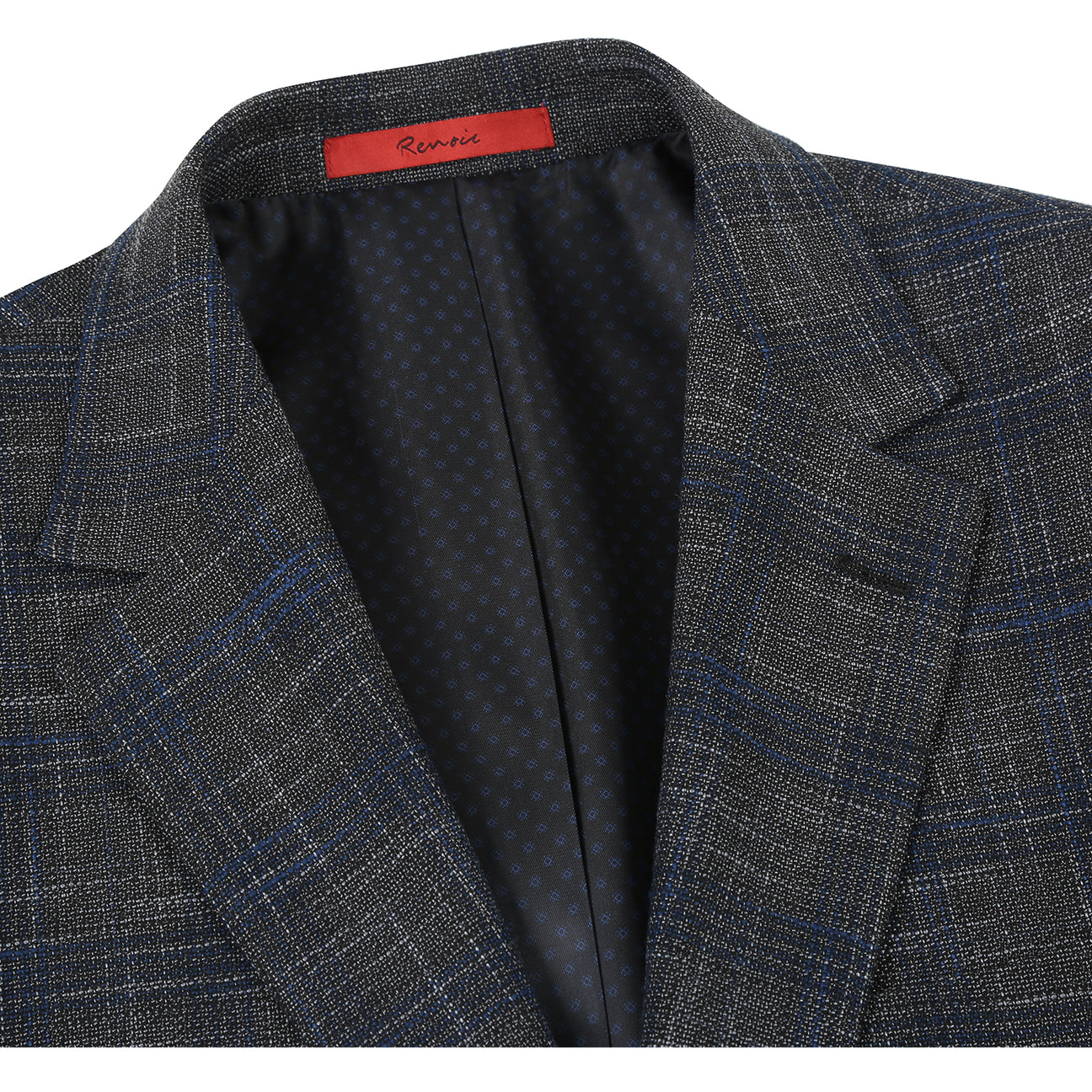 The Alessandro Vitello by Renoir New Slim Fit Gray Blue Blazer 294-39 is a single-breasted, slim fit jacket with a notch lapel, two front buttons, and flap pockets, shown in a dark plaid pattern on a white background.