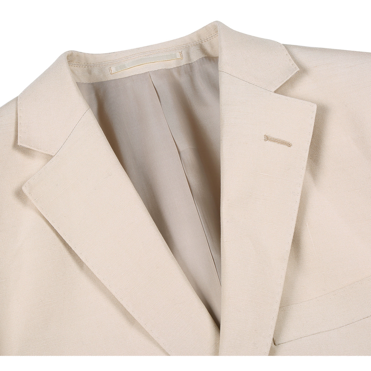 The Alessandro Vitello by Renoir 2-Piece New Slim Fit Suit in Tan is displayed on a mannequin, paired with a white shirt and blue tie, showcasing its sleek two-button closure.