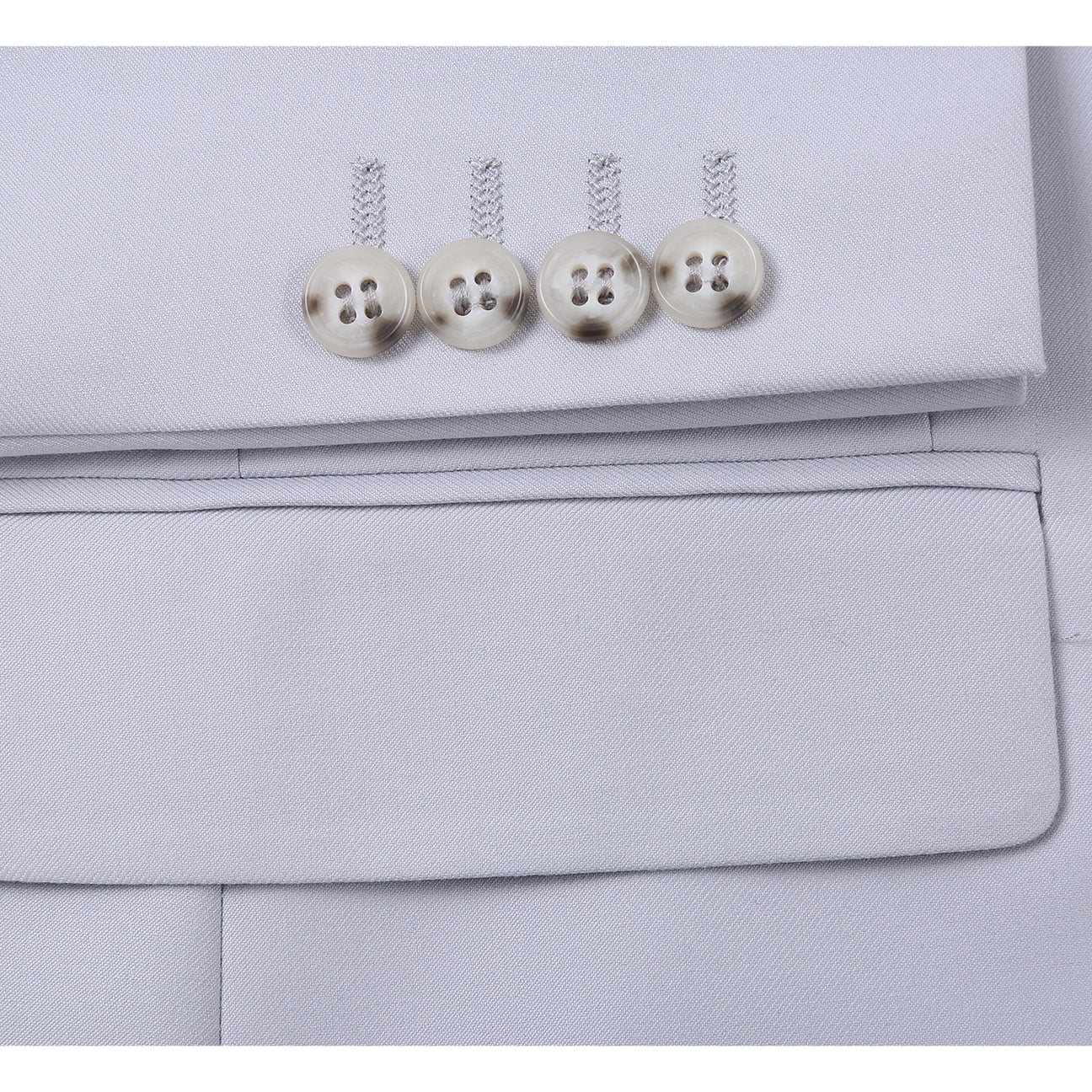 The Alessandro Vitello by Renoir 2-Piece Slim Fit Suit in Perl Gray features a single-breasted notch lapel jacket, shown on a mannequin with a white shirt, brown and pink striped tie, and dotted pocket square for lightweight comfort.