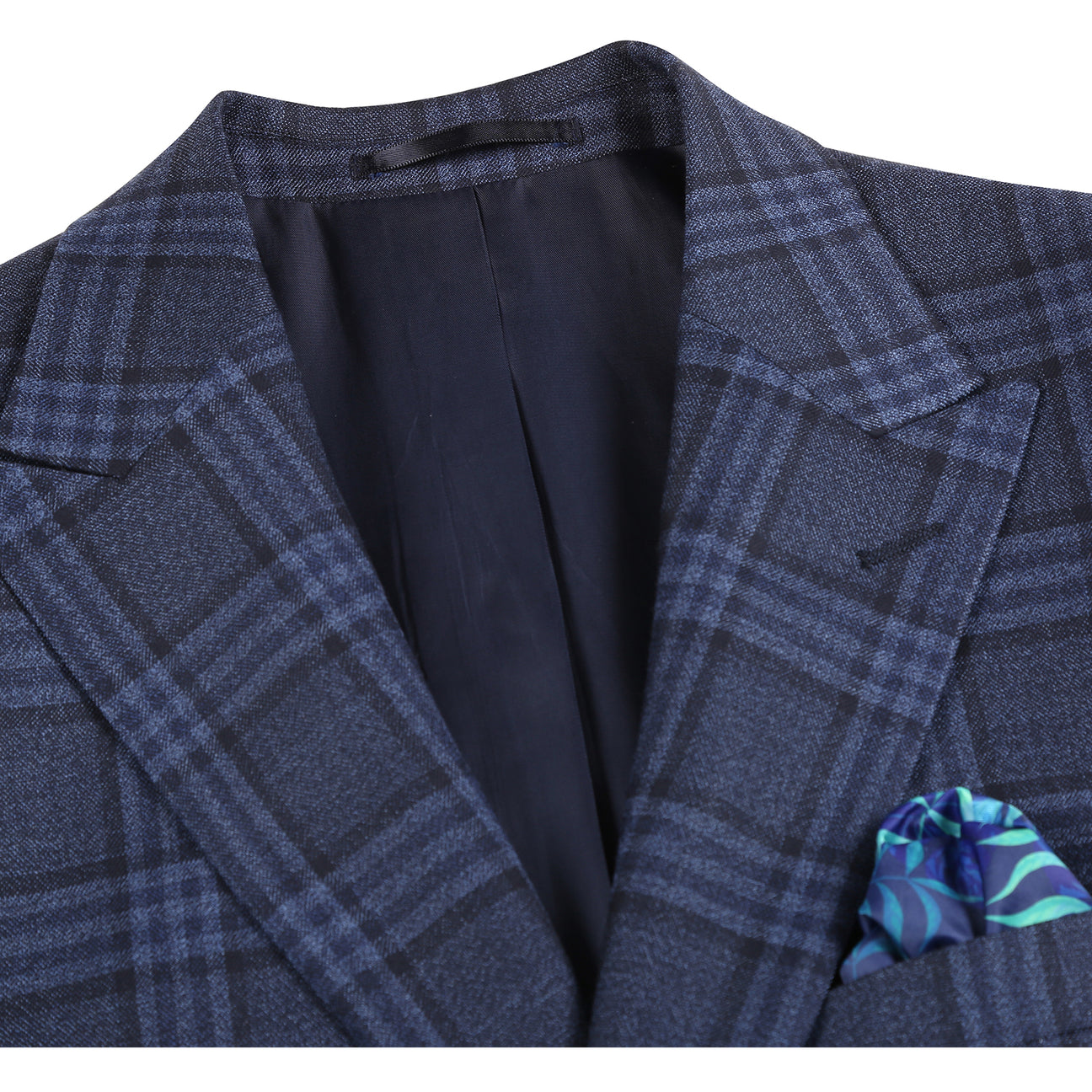 The Renoir Alessandro Vitello New Slim Fit Wool Dark Gray Blazer 567-6 features notched lapels, two buttons, flap pockets, a blue pocket square, and an orange striped tie. Close-ups show interior details and sleeve buttons.