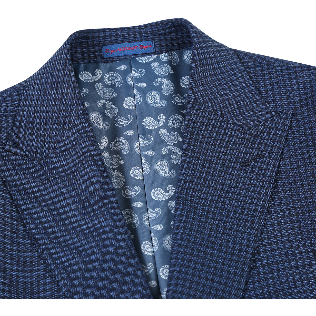 The ENGLISH LAUNDRY Navy Check Suit 22-10-412EL by English Laundry is a slim fit jacket with a two-button closure, styled with a white dress shirt and red patterned tie on a headless mannequin.