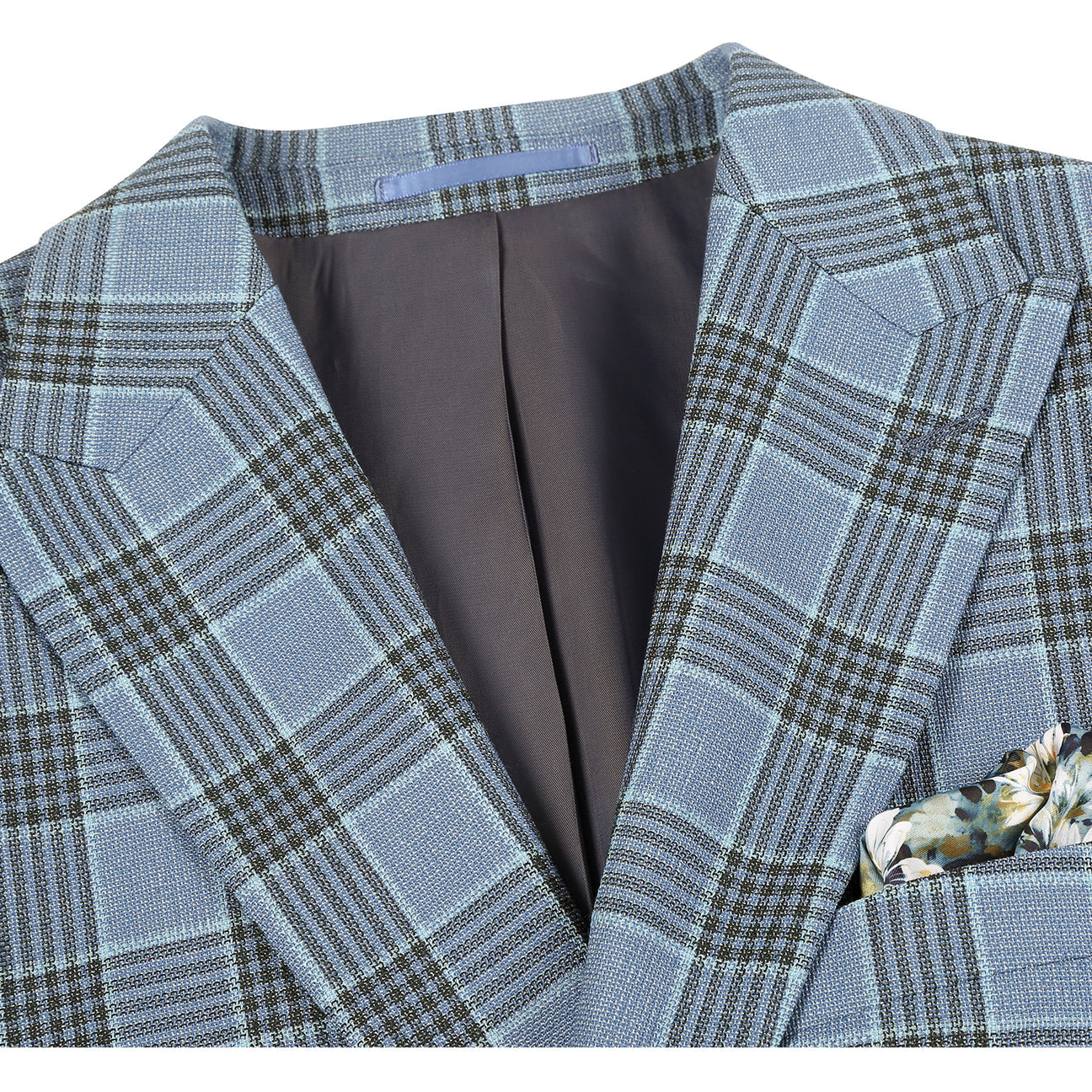 The Alessandro Vitello by Renoir New Slim Fit Sport Coat 565-14 features a blue plaid pattern, single-breasted two-button closure, notch lapels, chest pocket square, and flap pockets—shown on a mannequin with white shirt and striped tie.