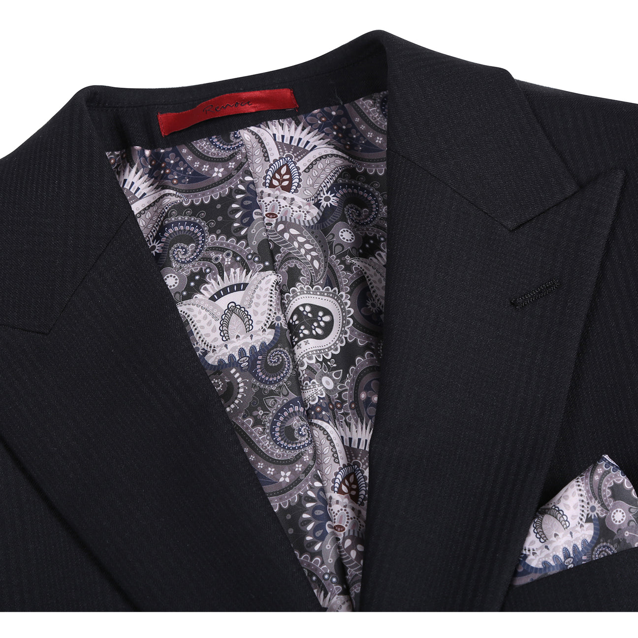 The Alessandro Vitello by Renoir New Slim Fit Black Suit 293-57 by Renoir is displayed on a mannequin with a black single-breasted jacket, white dress shirt, patterned tie, and pocket square.