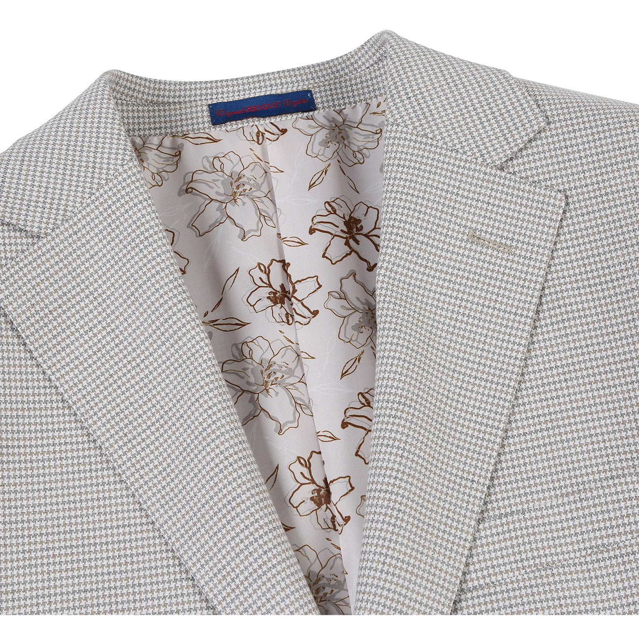 The English Laundry Smoke Grey Check Suit 12-20-600EL features a light gray slim fit jacket with a two-button closure, patch pockets, and is styled with a white shirt and striped red, black, and beige tie on a torso mannequin.