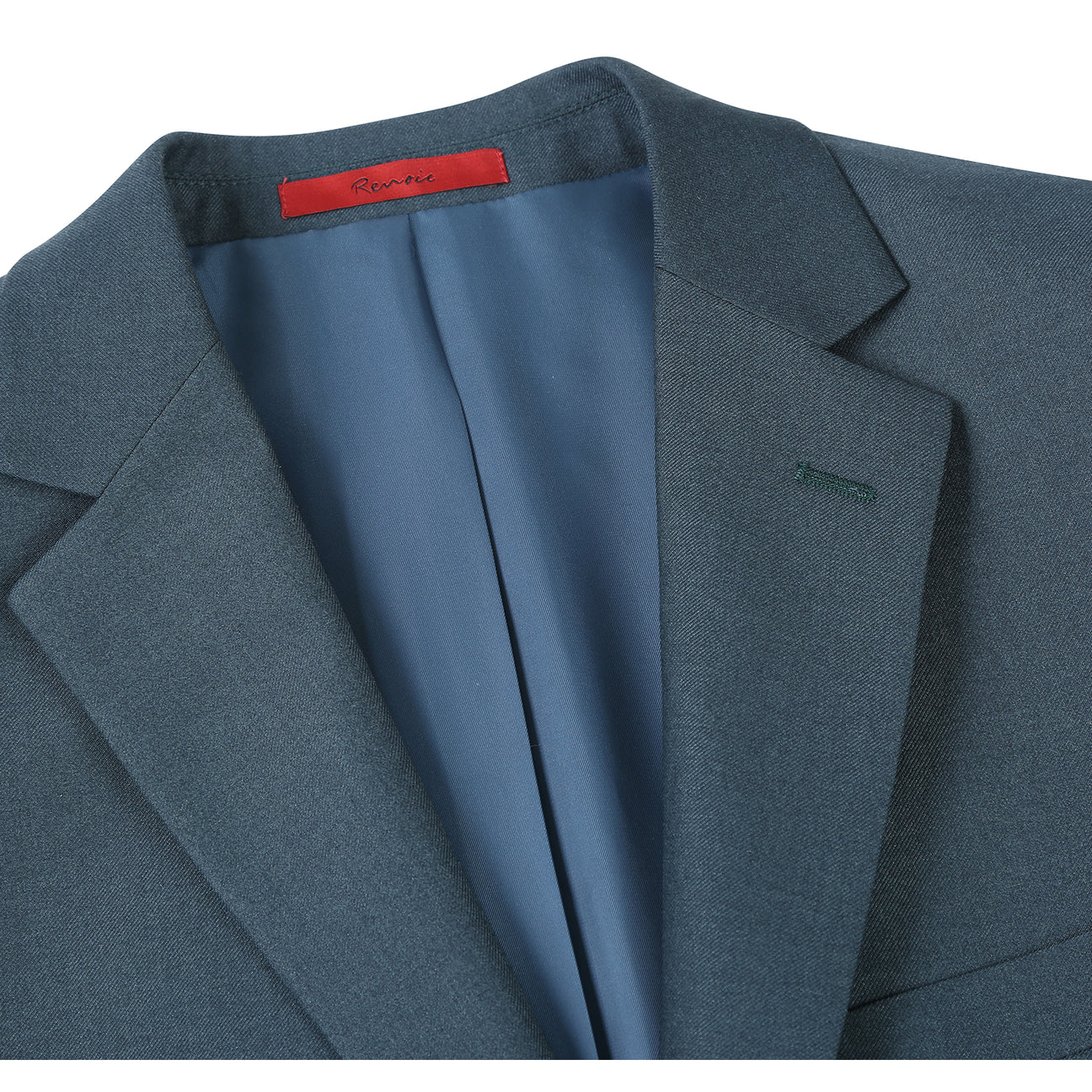 The Renoir Alessandro Vitello 2-Piece New Slim Fit Forest Green Suit (201-13) is shown over a white dress shirt with a blue striped tie, displayed on a mannequin against a white background.