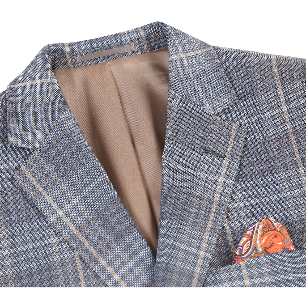 The Alessandro Vitello by Renoir New Slim Fit Sport Coat 565-3, a gray plaid wool-blend design with a notch lapel and side vents, is paired with a white dress shirt, brown patterned tie, and an orange pocket square.