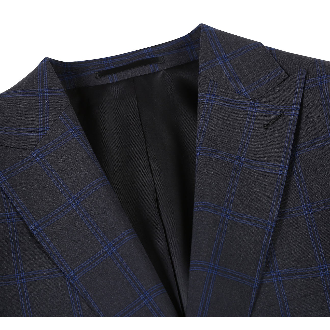 The Alessandro Vitello by Renoir New Slim Fit Wool Dark Gray Suit 566-8 pairs a single-breasted plaid jacket with a white shirt and blue striped tie, displayed on a headless mannequin against a plain background.