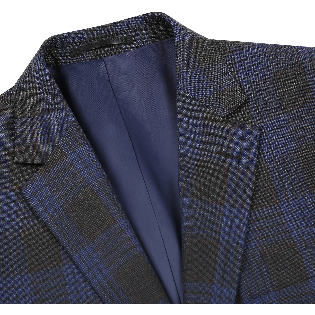 A mannequin displays the ALESSANDRO VITELLO New Slim Fit Wool Gray Blue Blazer 565-12 by Alessandro Vitello, styled over a white dress shirt and a blue patterned tie.