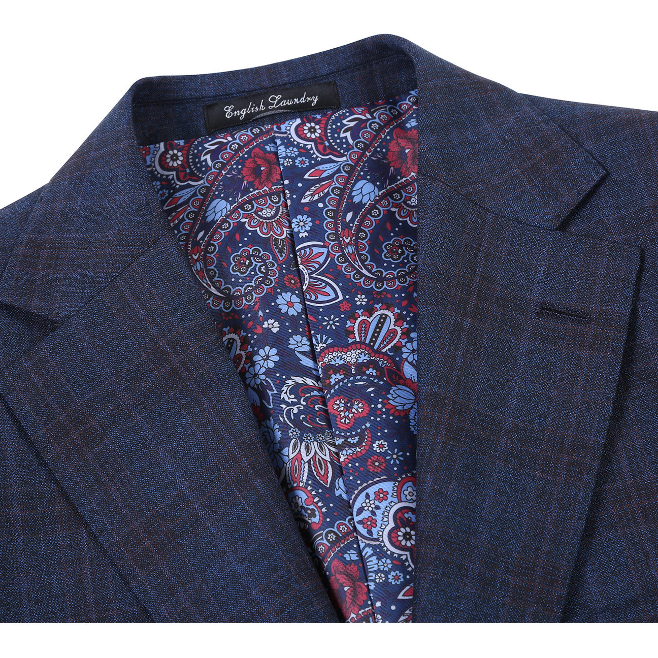 A mannequin wears the English Laundry ENGLISH LAUNDRY Dark Blue Check Suit EL12-55-410 with a white dress shirt and red patterned tie, set against a plain background.