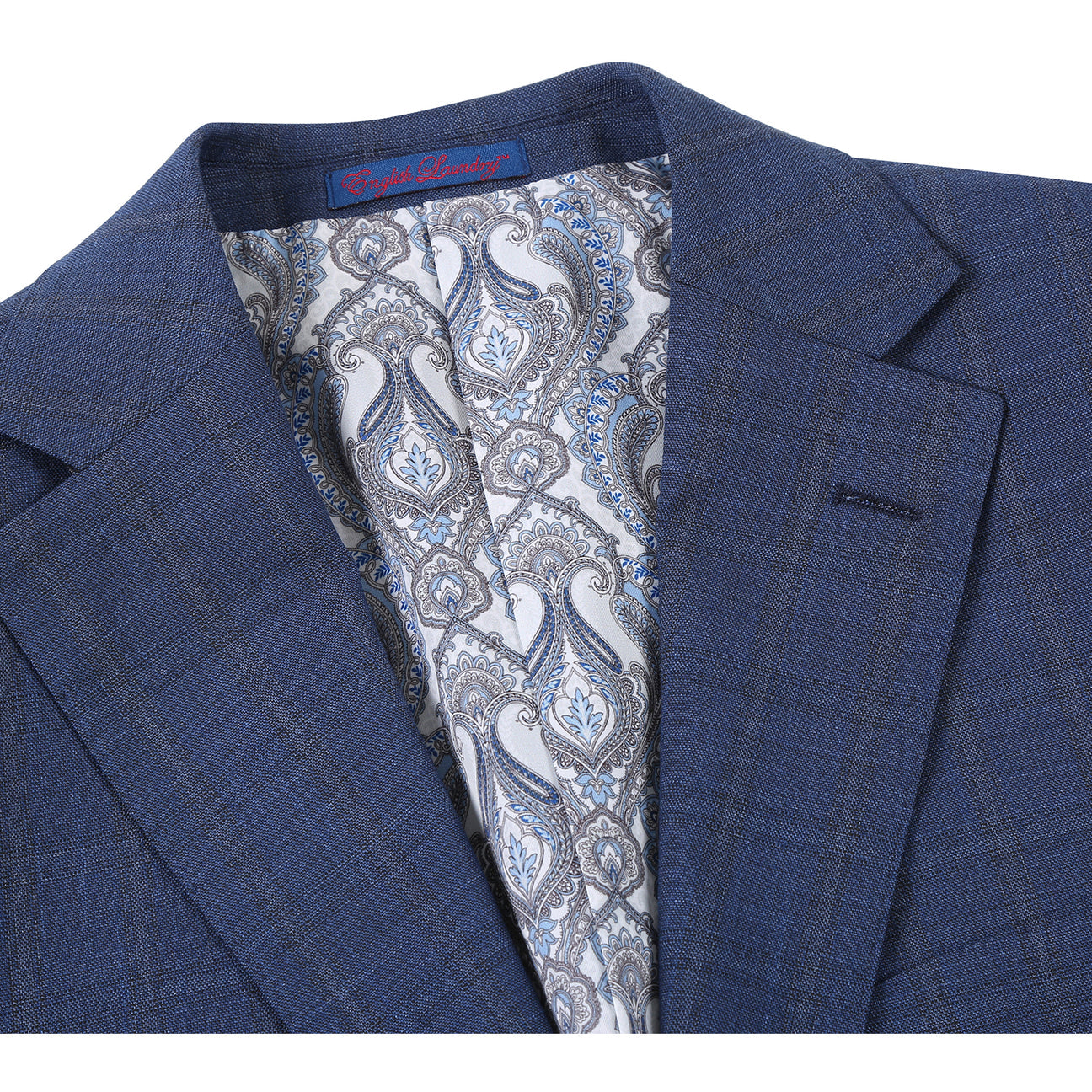 The ENGLISH LAUNDRY Blue Check Suit 22-52-402EL by English Laundry features a slim fit jacket with notch lapels and two-button closure, shown with a white dress shirt and red patterned tie on a mannequin.