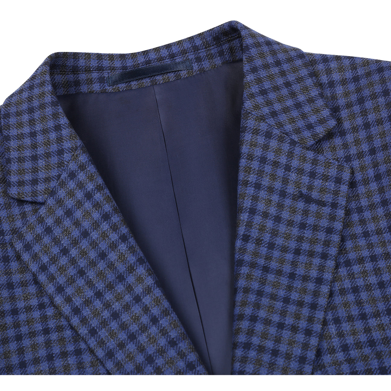 The Renoir Alessandro Vitello Classic Fit Wool Blue Blazer 565-9 is shown on a mannequin with a white dress shirt and blue patterned tie, featuring a notch lapel and a blue and black checkered pattern.