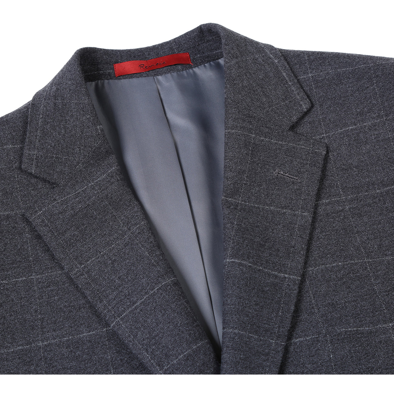 The Renoir Alessandro Vitello New Slim Fit Checked Gray Suit 293-31 is showcased on a mannequin over a white dress shirt with a purple polka dot tie, highlighting its modern elegance for men.