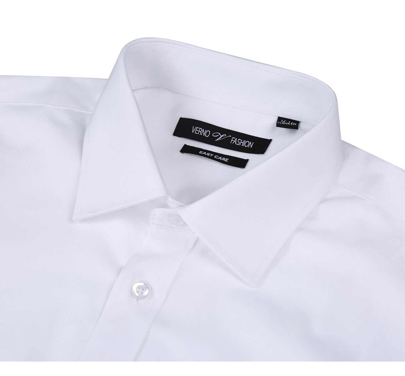 The Renoir VERNO White Classic Fit Long Sleeve Travel Easy-Care Cotton Dress Shirt (CS0220) is neatly folded, with a spread collar and buttoned cuffs, shown beside a circular fabric close-up highlighting its wrinkle resistance.