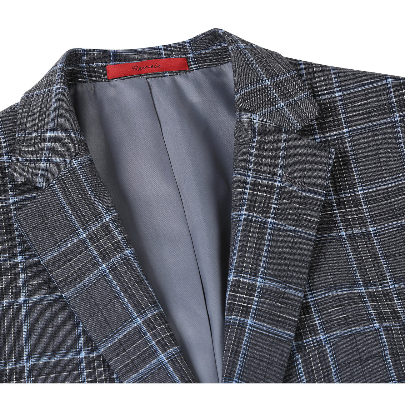 The Alessandro Vitello by Renoir Gray 2-Piece Slim Fit Checked Suit, featuring a single-breasted two-button front, is displayed on a mannequin paired with a white dress shirt and maroon polka dot tie.