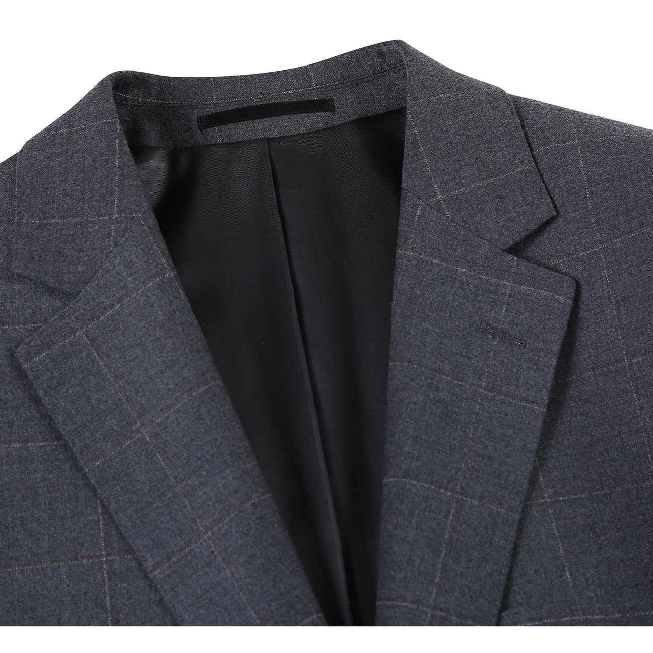 The Renoir Alessandro Vitello Classic Fit Wool Gray Suit 566-6 features a dark gray plaid jacket, paired with a white shirt and blue patterned tie, shown on a mannequin—ideal for those seeking a timeless men's single-breasted suit.