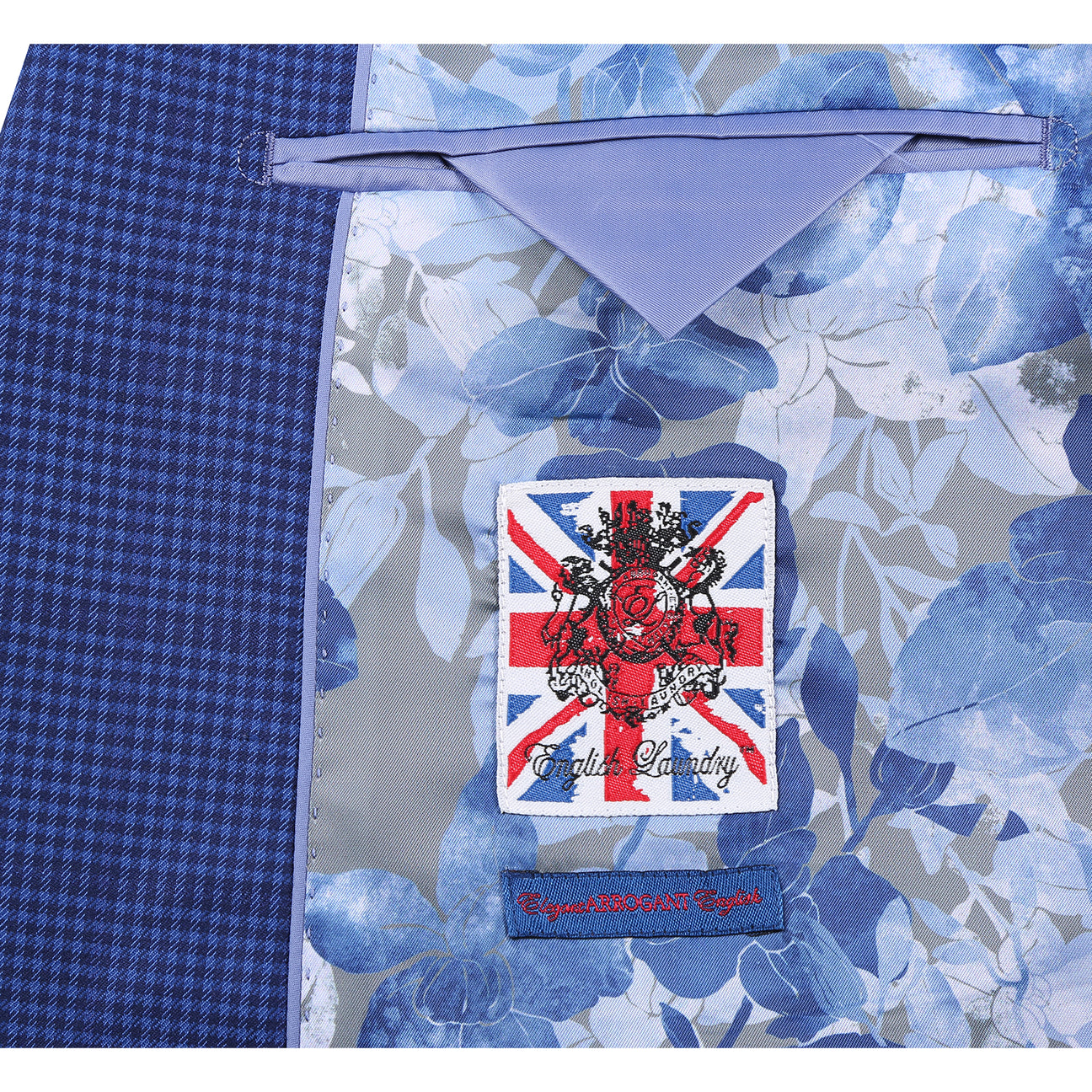 The English Laundry ENGLISH LAUNDRY 2pc Suit Navy 32-26-412EL is a men's slim-fit blazer with a single button, flap pockets, and floral lining.