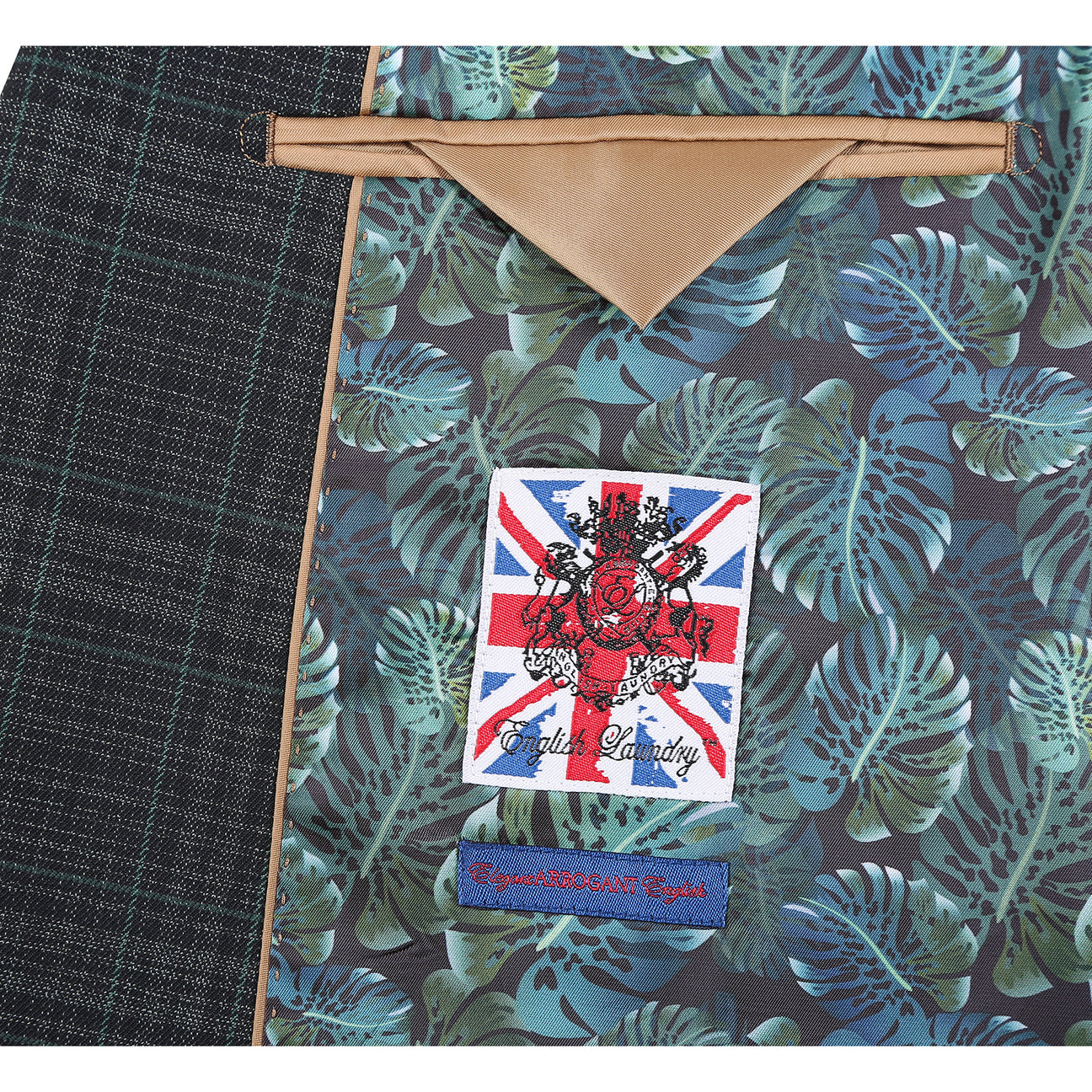 The ENGLISH LAUNDRY 2pc Suit Green 32-24-001EL by English Laundry is a dark plaid men's blazer featuring notch lapels, two-button closure, flap pockets, and a green tropical leaf print lining.