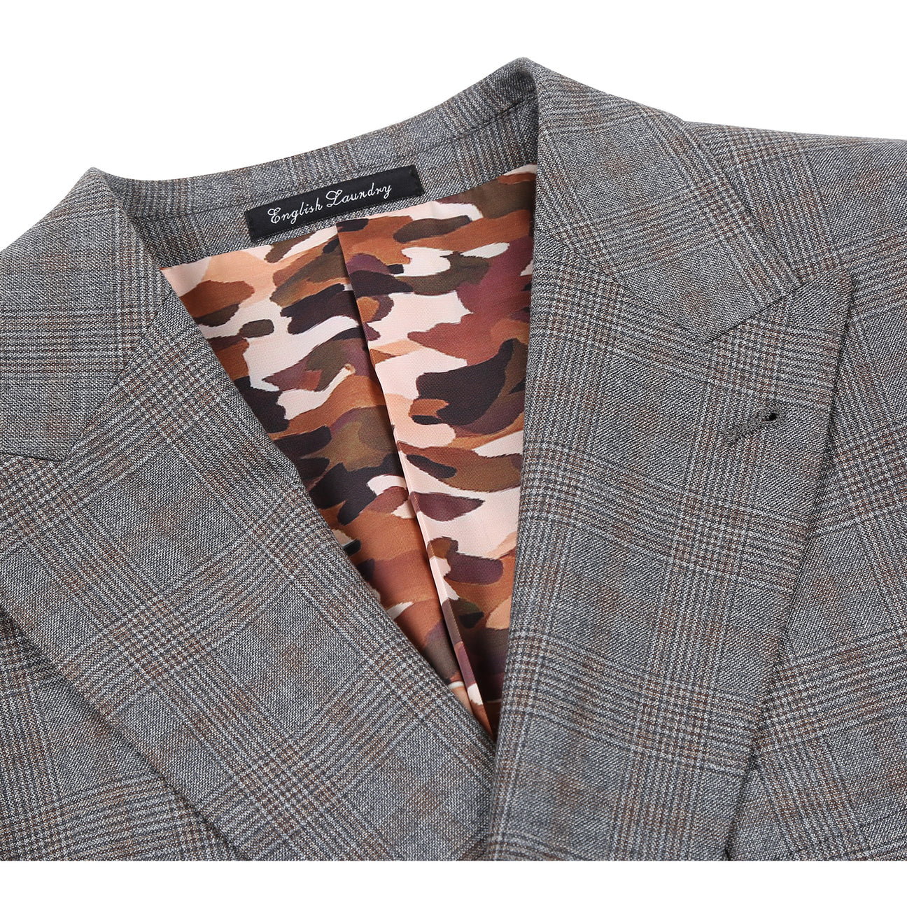 The ENGLISH LAUNDRY Double-breasted Gray Check Suit EL12-60-093 by English Laundry is showcased on a mannequin, styled with a white dress shirt and a red tie.