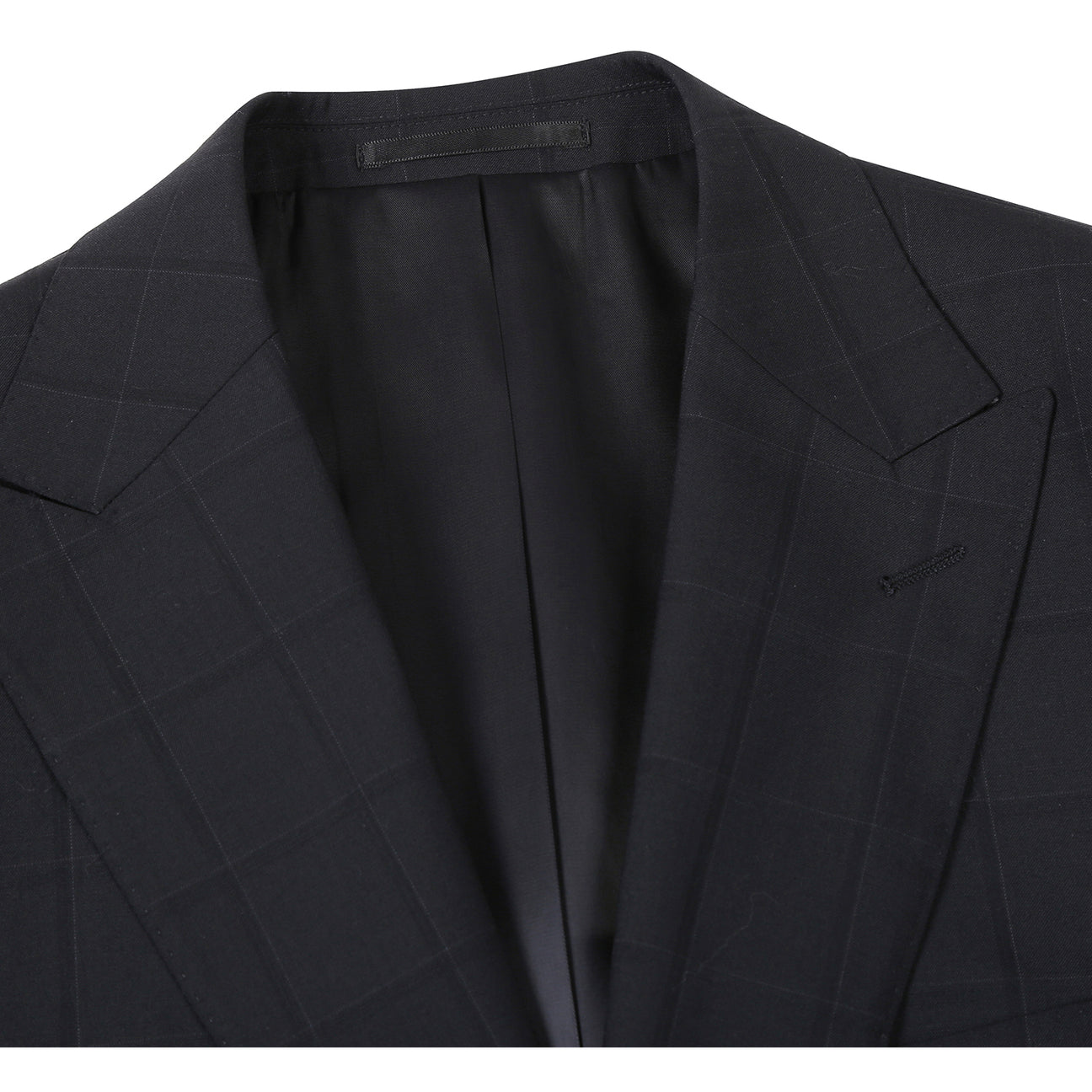 The Renoir Alessandro Vitello New Slim Fit Wool Black Suit 566-15 features a modern black checkered design, displayed on a mannequin with a white dress shirt and purple tie, blending classic style with contemporary fit.