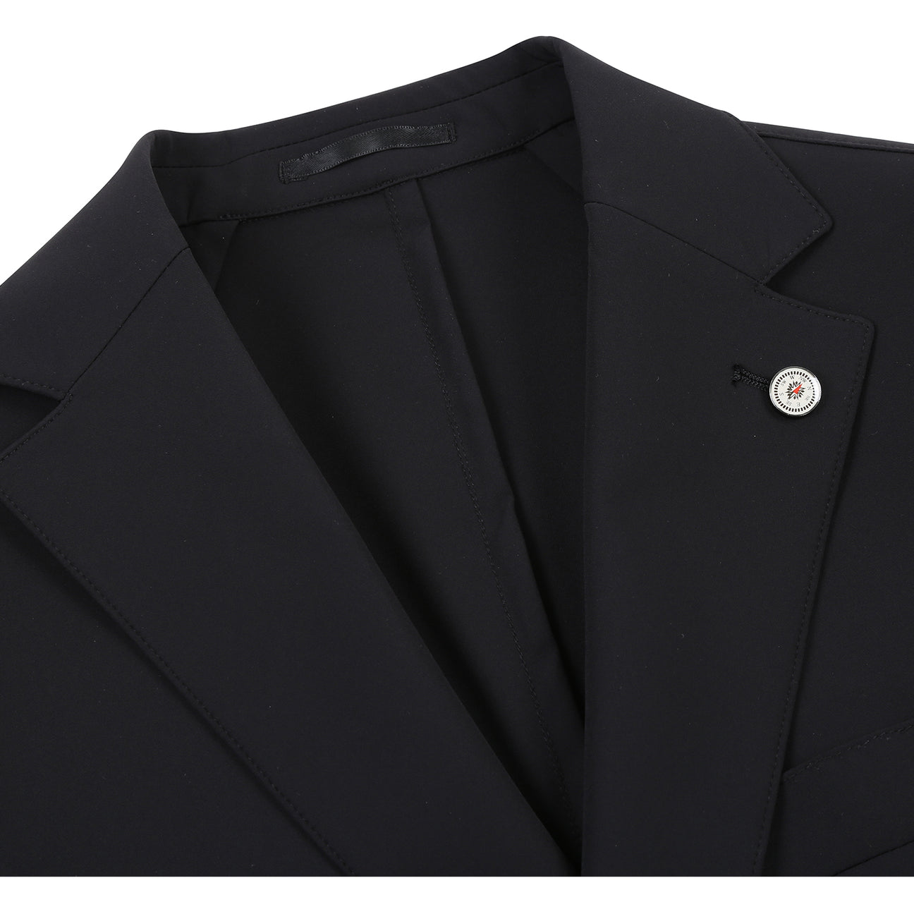 The Pellagio Men's Half Canvas Suit Black PS25-16, a slim fit single-breasted jacket with notch lapels, is shown over a white shirt and maroon patterned tie on a mannequin against a white background.