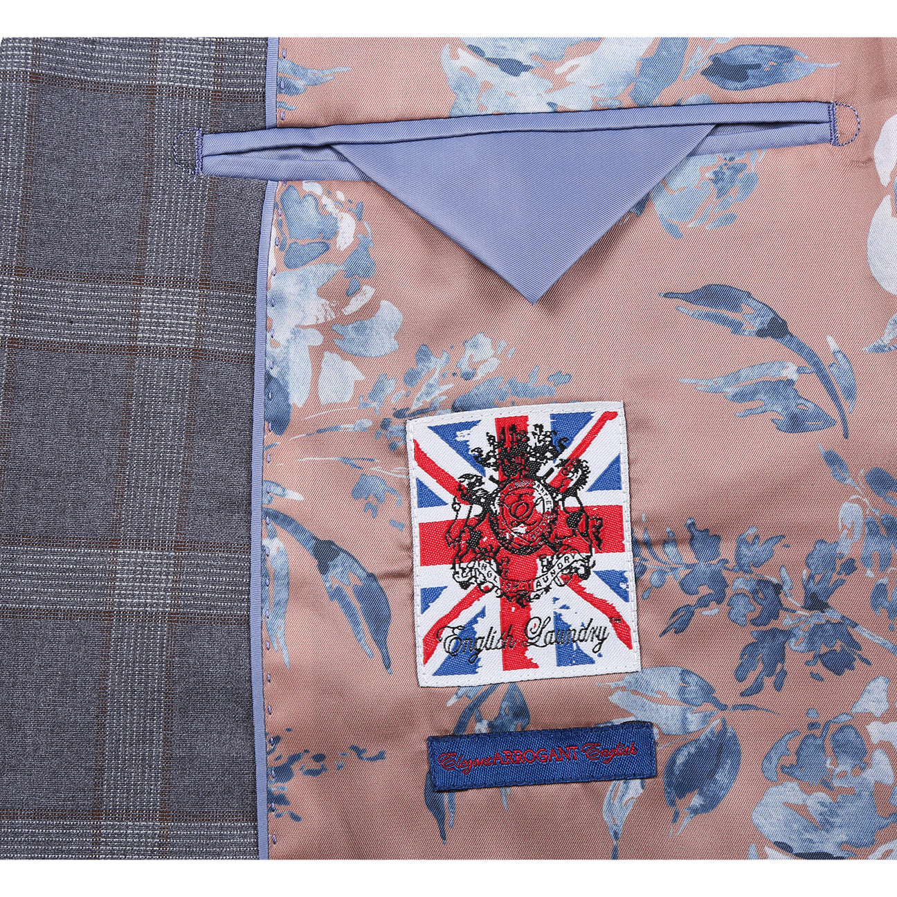 The ENGLISH LAUNDRY 2pc Suit Brown 32-68-092EL by English Laundry features a slim fit, two-button closure, notched lapels, and a partially visible floral patterned inner lining.