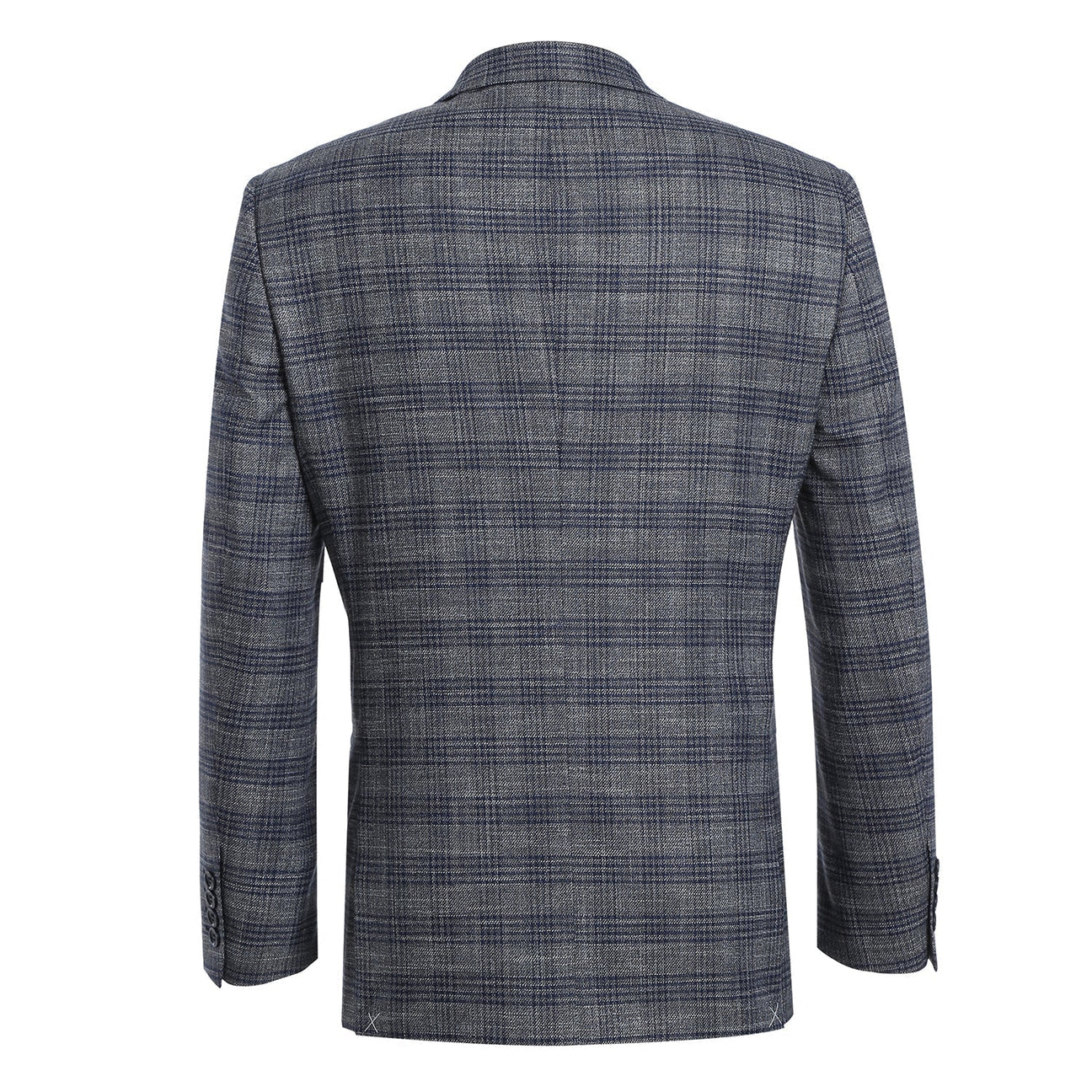 The Alessandro Vitello by Renoir Slim Fit Stretch Checked Blazer Gray 294-13, a single-breasted gray plaid blazer with notch lapels and two buttons, is elegantly styled on a mannequin with a white dress shirt, blue striped tie, and matching pocket square.