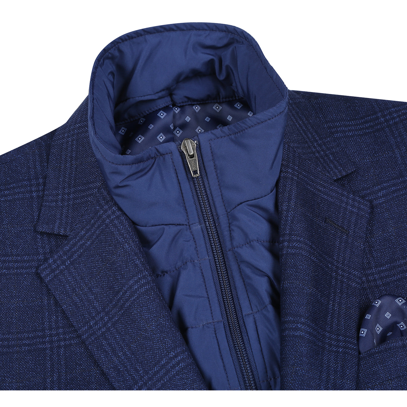 The Alessandro Vitello by Renoir New Slim Fit Sport Coat 294-41 features a navy blue checked design with a blue quilted zip-up insert, notch lapel, and patterned pocket square, shown on a white mannequin torso. Brand: Renoir.