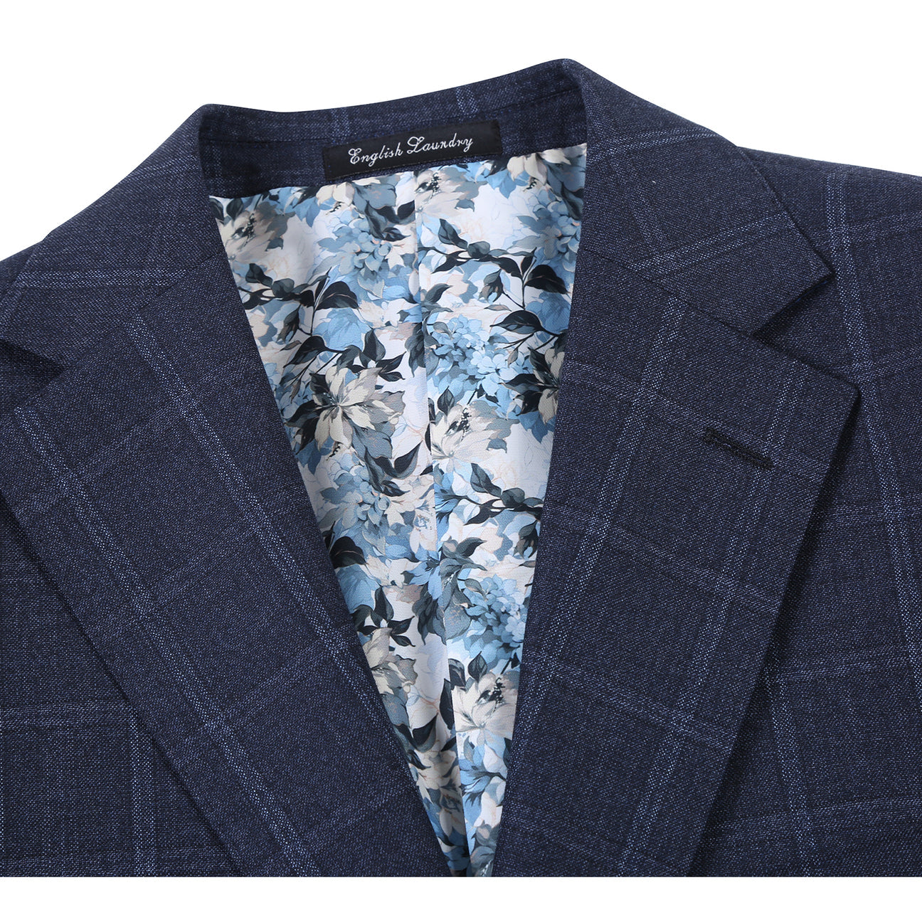 The ENGLISH LAUNDRY Navy Check Suit EL12-52-412 by English Laundry features a modern slim fit, shown here styled on a mannequin with a white dress shirt and striped tie for a sharp contemporary look.