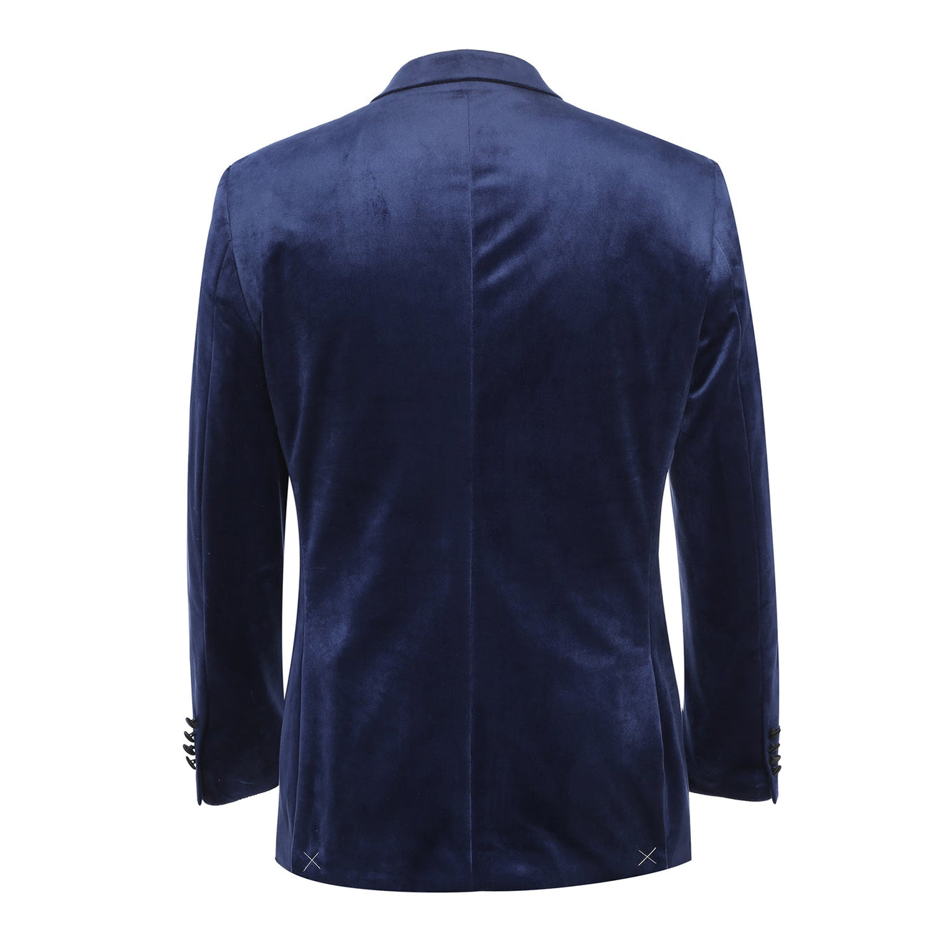 Close-up of the Alessandro Vitello by Renoir Slim Fit Stretch Blue Tuxedo Blazer 290-7, featuring blue velvet, a black satin lapel, blue satin lining, and red label—ideal as an elegant dinner jacket or for formal occasions.