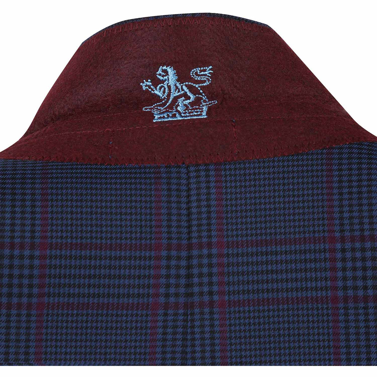 The mannequin displays an ENGLISH LAUNDRY Blue with Burgundy Check Suit, showcasing a slim fit and refined notch lapels. The ensemble is elegantly complemented by a crisp white shirt and a striking red tie, while the two-button closure provides a classic finish.