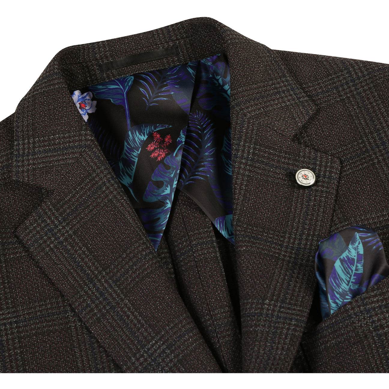 The Pellagio Dark Brown Men's Half Canvas Blazer PF24-13, with a notched lapel, is displayed on a mannequin, paired with a white shirt and striped tie. The blue pocket square adds elegance to this slim fit single-breasted blazer from Pellagio.