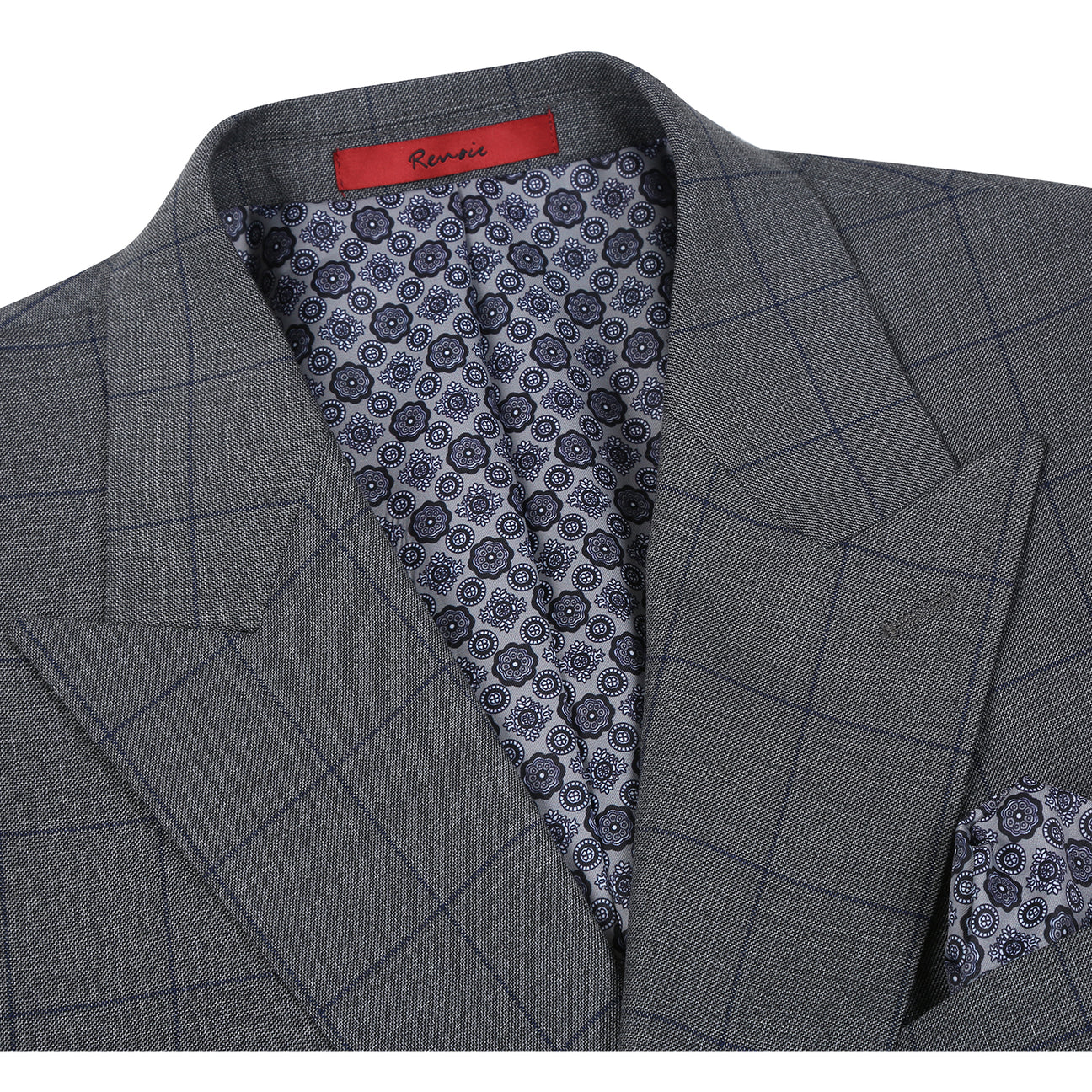 The Alessandro Vitello by Renoir Double-Breasted New Slim Fit Gray Suit 293-44 features a gray plaid design, styled here on a mannequin with a white shirt, maroon polka dot tie, and patterned pocket square for sharp modern elegance.