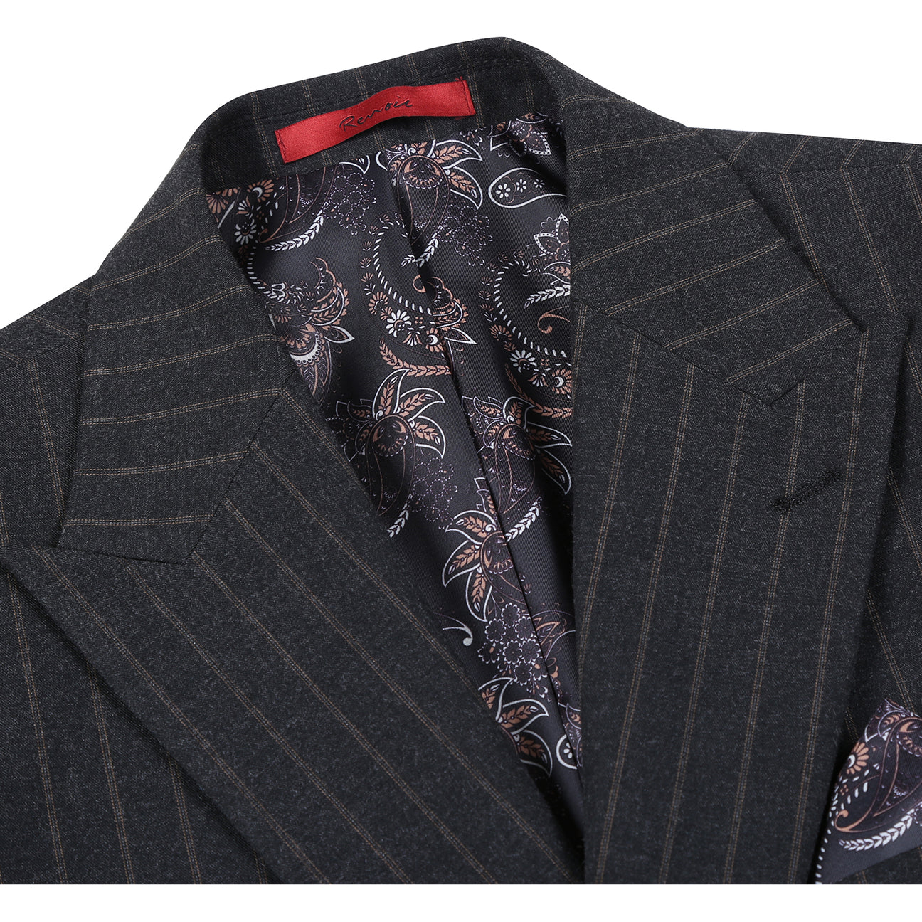 The Alessandro Vitello by Renoir New Slim Fit Suit 293-55 showcases a dark pinstripe, single-breasted jacket with notch lapels and side vents, paired with matching flat front pinstripe trousers.