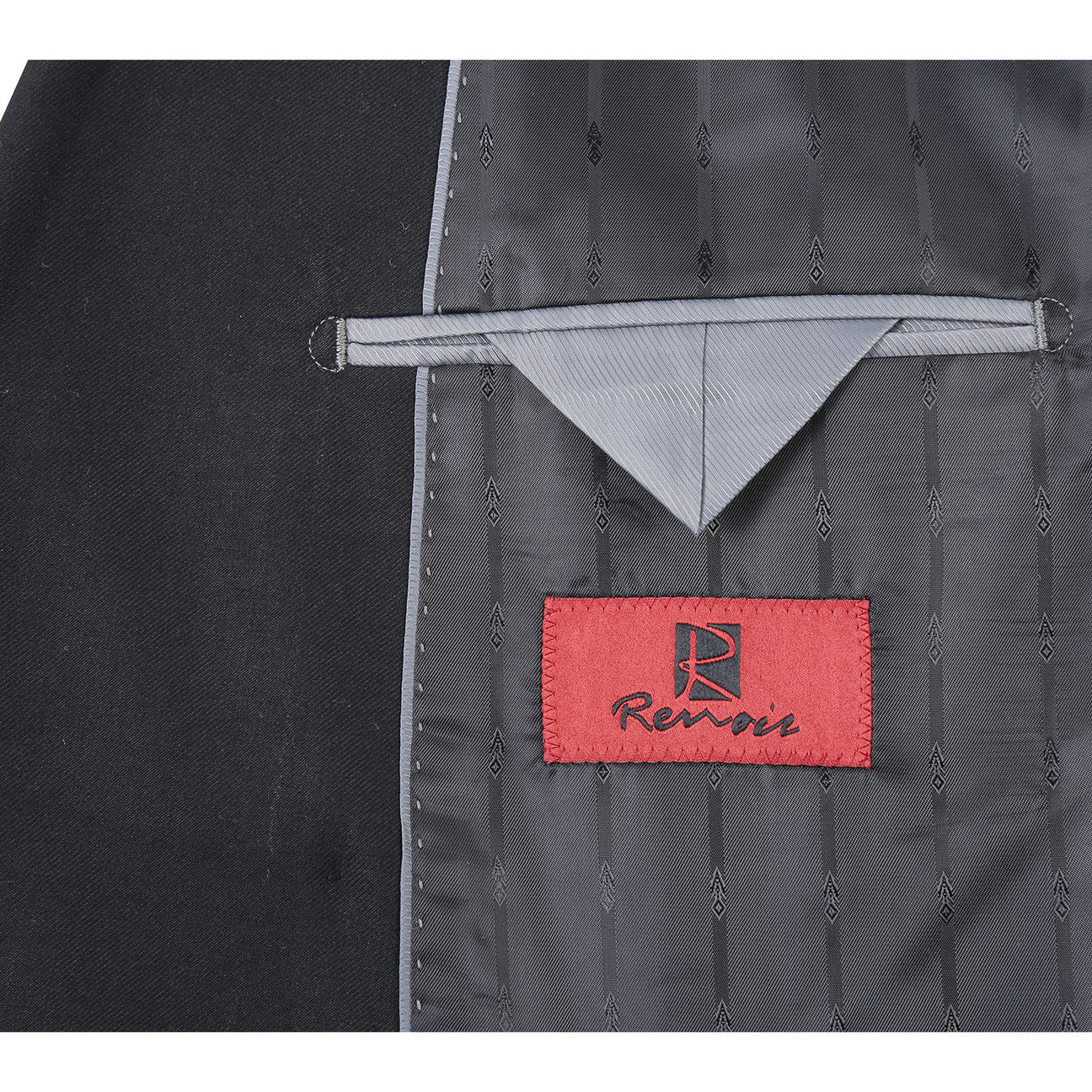 The Alessandro Vitello by Renoir Double-Breasted Peak Lapel Slim Fit Black Suit 201-1 is showcased with a white dress shirt and patterned bow tie—a sophisticated Renoir two-piece ideal for formal events.