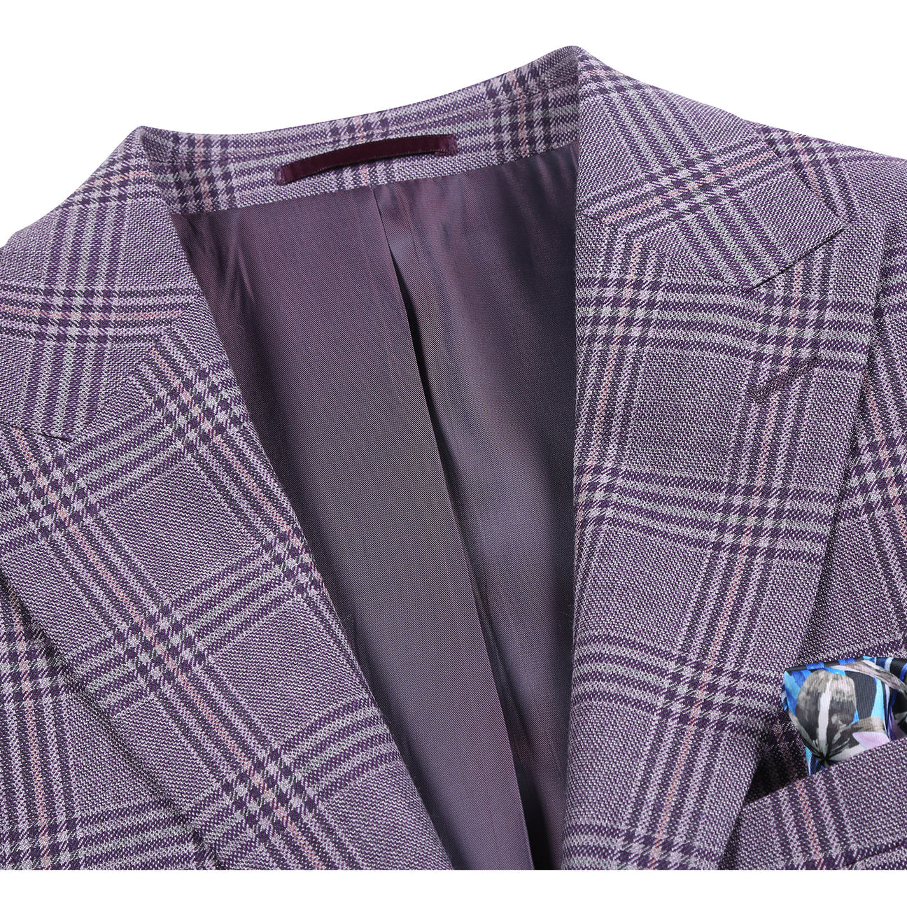The Alessandro Vitello by Renoir New Slim Fit Wool Purple Blazer 567-2 features a purple plaid design with a notch lapel, shown paired with a white shirt, purple tie, and pocket square; crafted from 100% wool with close-up fabric and label details.