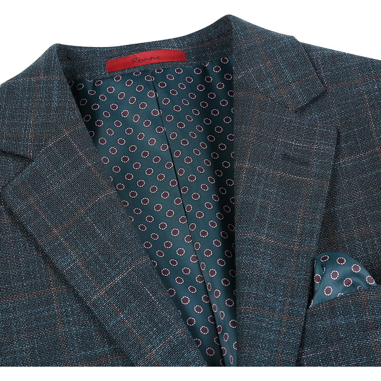 The Alessandro Vitello by Renoir New Slim Fit Blazer Green 294-48, a single-breasted jacket with peak lapels, is displayed on a mannequin. Paired with a white shirt and patterned beige tie and pocket square, this ensemble offers a sleek slim fit for the modern sophisticate.