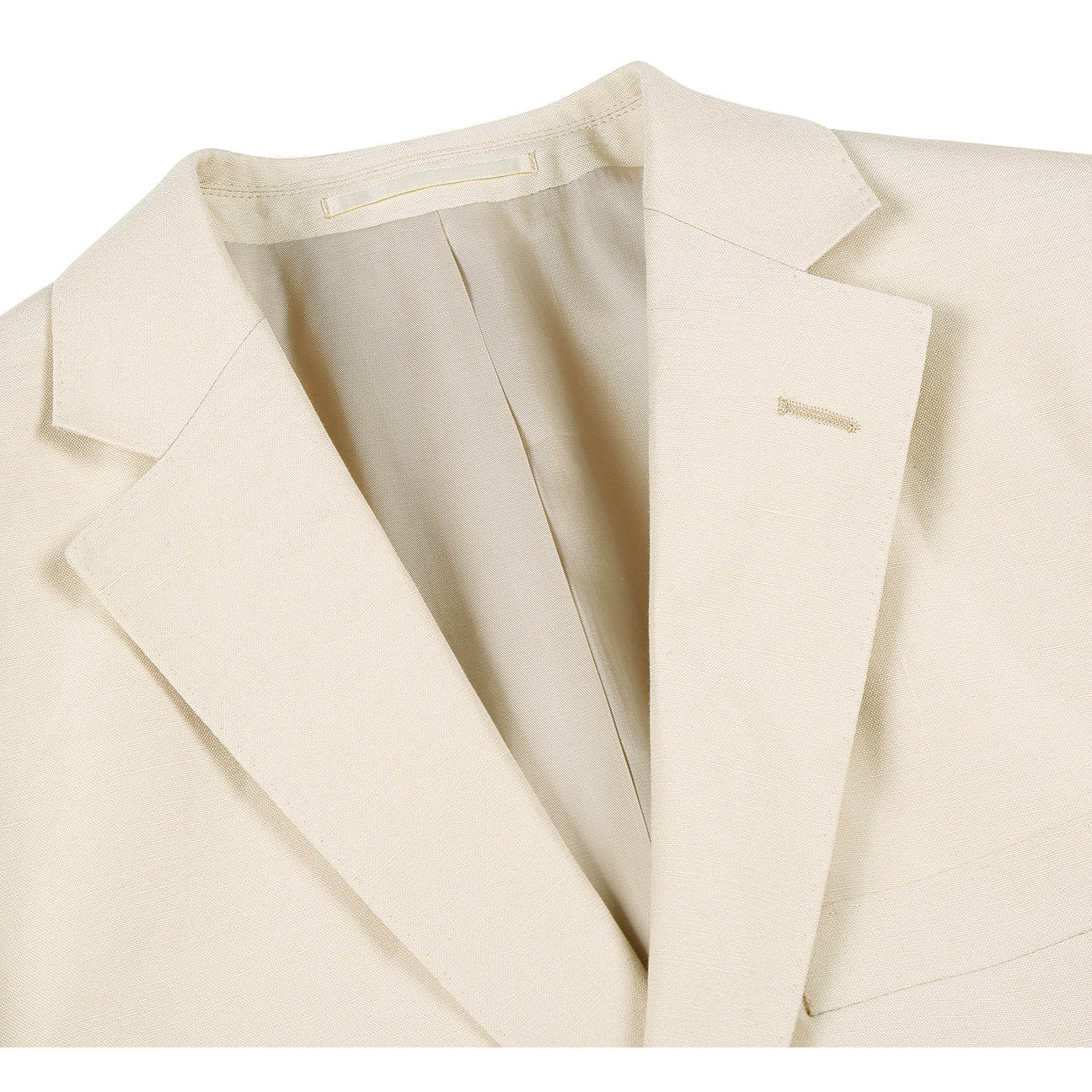 A chic champagne suit jacket from the Alessandro Vitello by Renoir collection, distinguished by a notch lapel and offering a new slim fit, pairs perfectly with a blue tie and crisp white shirt on the mannequin.