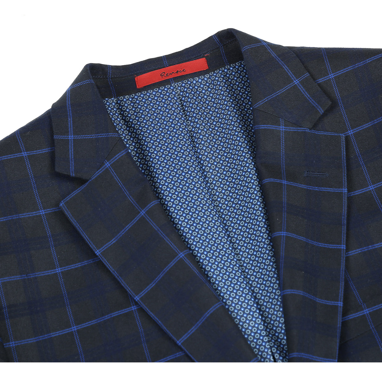 The Renoir Alessandro Vitello Blue Slim Fit Checked Suit (Blue 293-27) is displayed on a headless mannequin, paired with a white dress shirt and blue-striped tie.