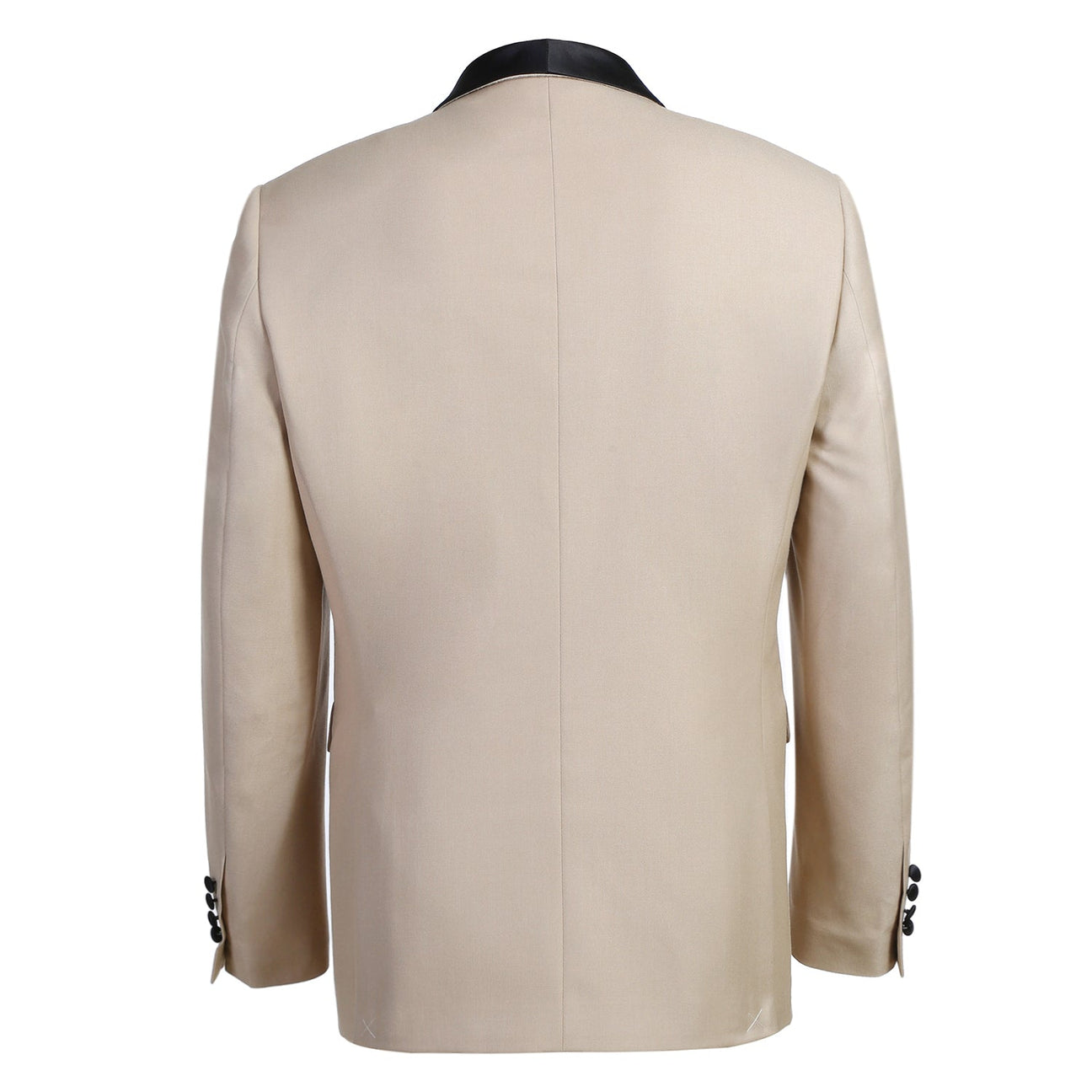 The Alessandro Vitello by Renoir Slim Fit 2-Piece Shawl Lapel Beige Tuxedo Suit 201-3 features a slim fit, black shawl lapel, single-breasted jacket with front pockets, and matching trousers displayed on a white background.