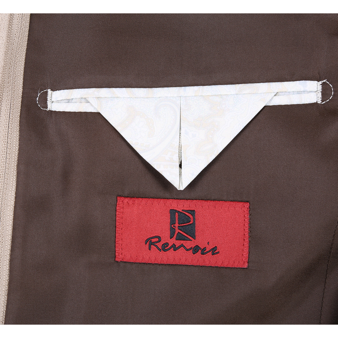 The Renoir Alessandro Vitello New Slim Fit Bib Brown Blazer 294-40 is shown on a headless mannequin with a classic notch lapel, layered over a beige zip-up sweater.