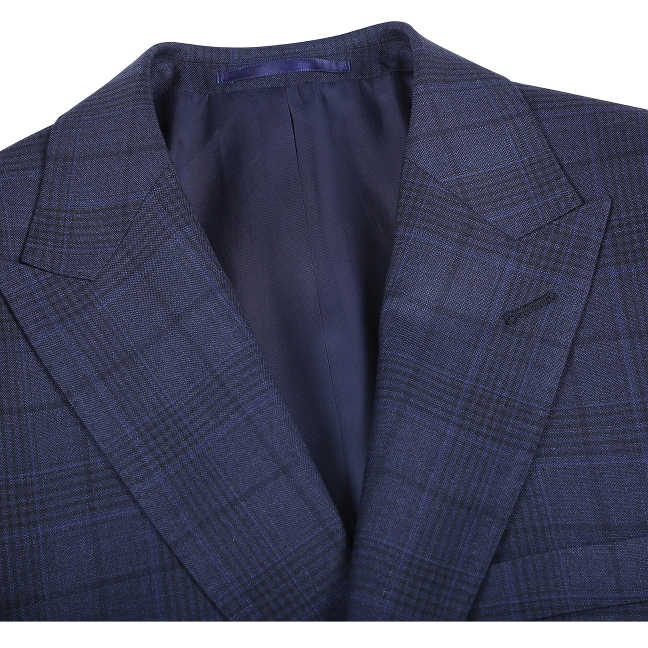 Showcase of Renoir’s Alessandro Vitello New Slim Fit Suit 568-3 in dark blue patterns, with peak lapel jackets, matching flat front pants, fabric/button close-ups, and side vents.