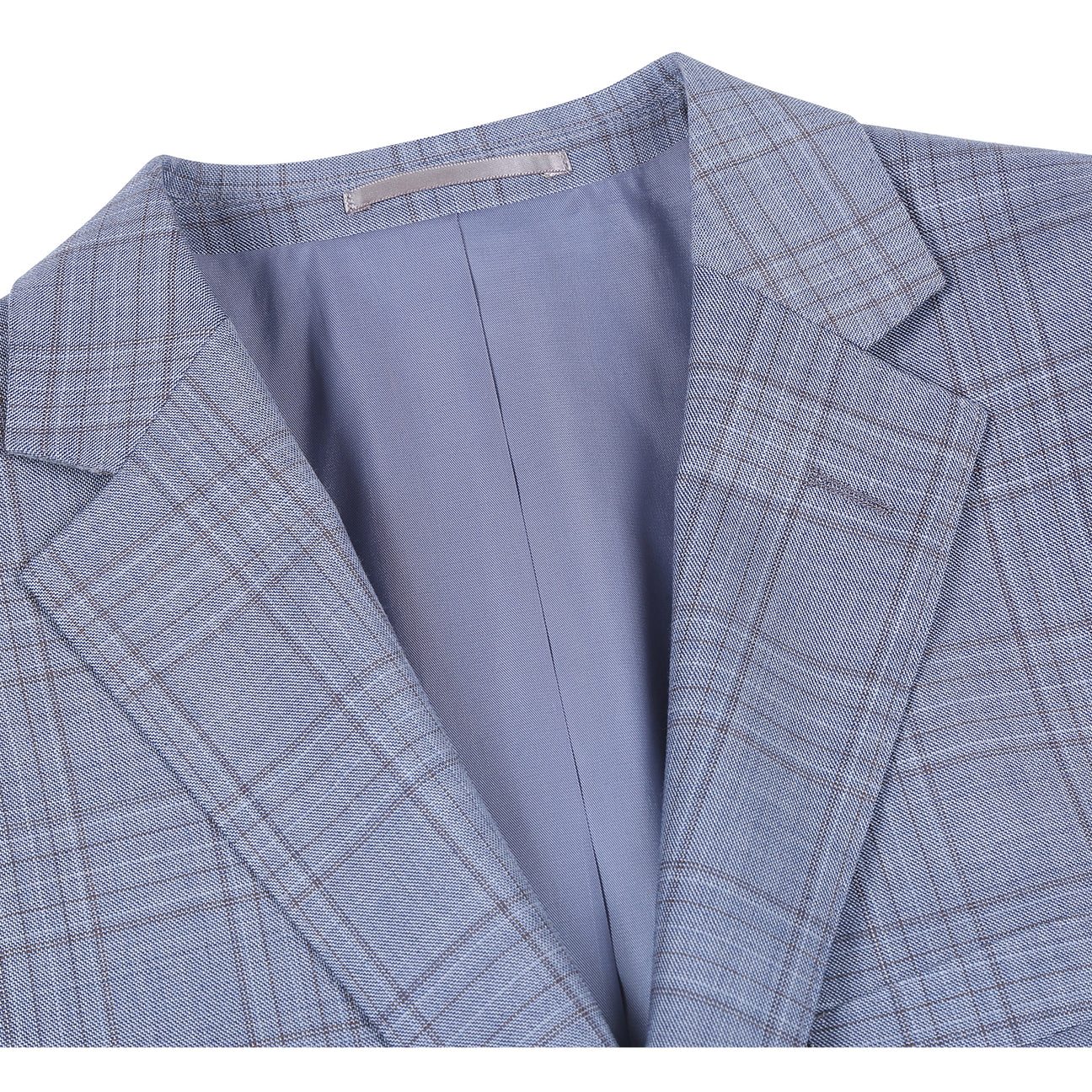 The Renoir Alessandro Vitello by Renoir Classic Fit Wool Blue Suit 568-7, featuring notch lapels, is displayed on a mannequin over a white dress shirt and navy blue patterned tie.