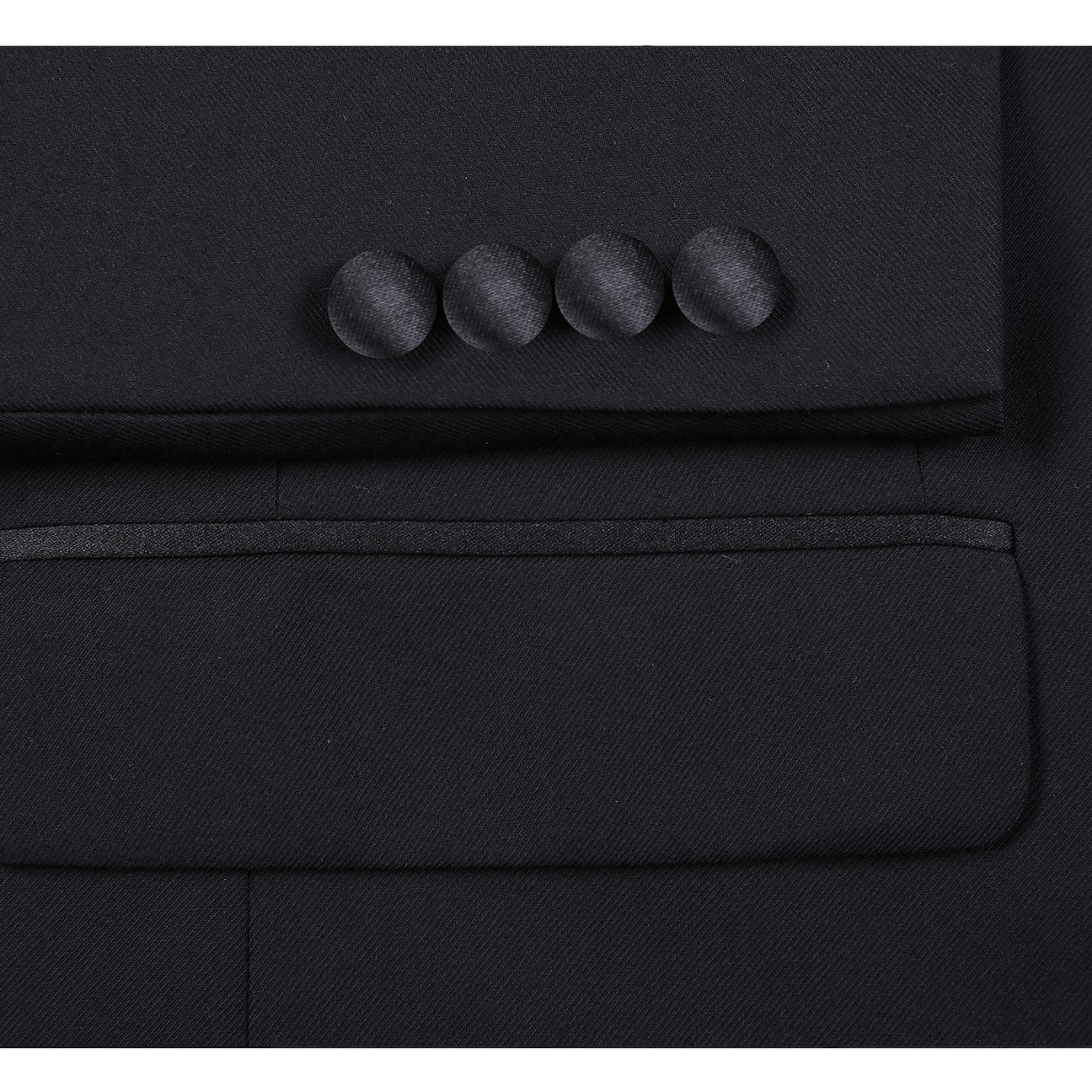 The Alessandro Vitello by Renoir Slim Fit Double-Breasted Peak Lapel Black Tuxedo 201-1 is styled with a white shirt and orange striped tie, elegantly showcased on a mannequin.